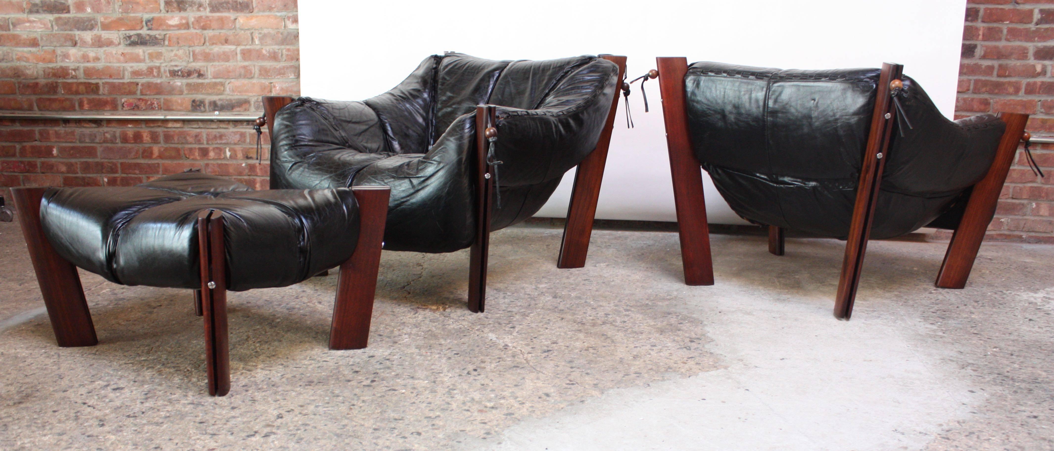 Steel Pair of Jacaranda and Leather Lounge Chairs and Ottoman by Percival Lafer