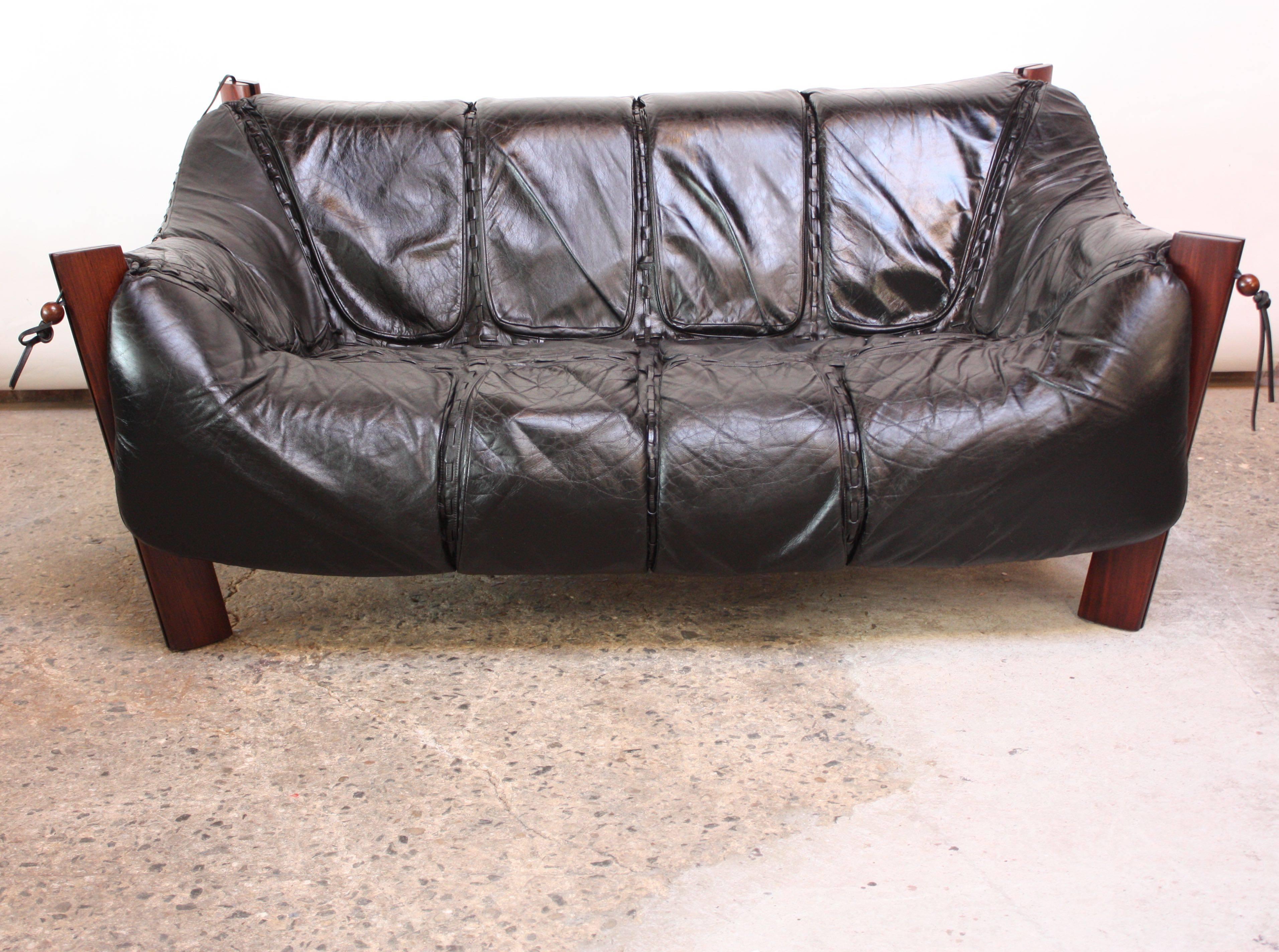 Brazilian Percival Lafer MP-211 Jacaranda and Leather Two-Seat Sofa with Ottoman