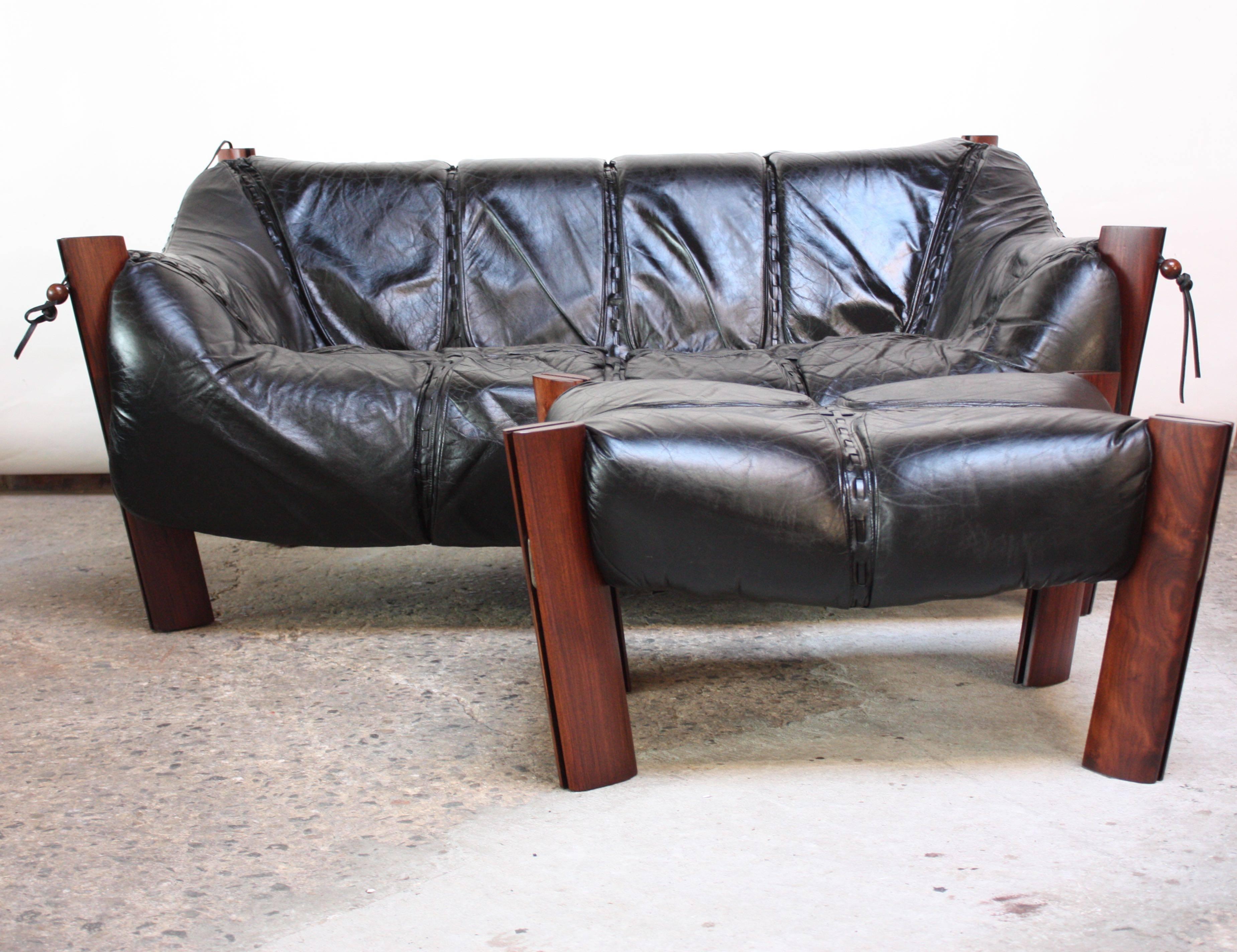Percival Lafer MP-211 Jacaranda and Leather Two-Seat Sofa with Ottoman In Good Condition In Brooklyn, NY