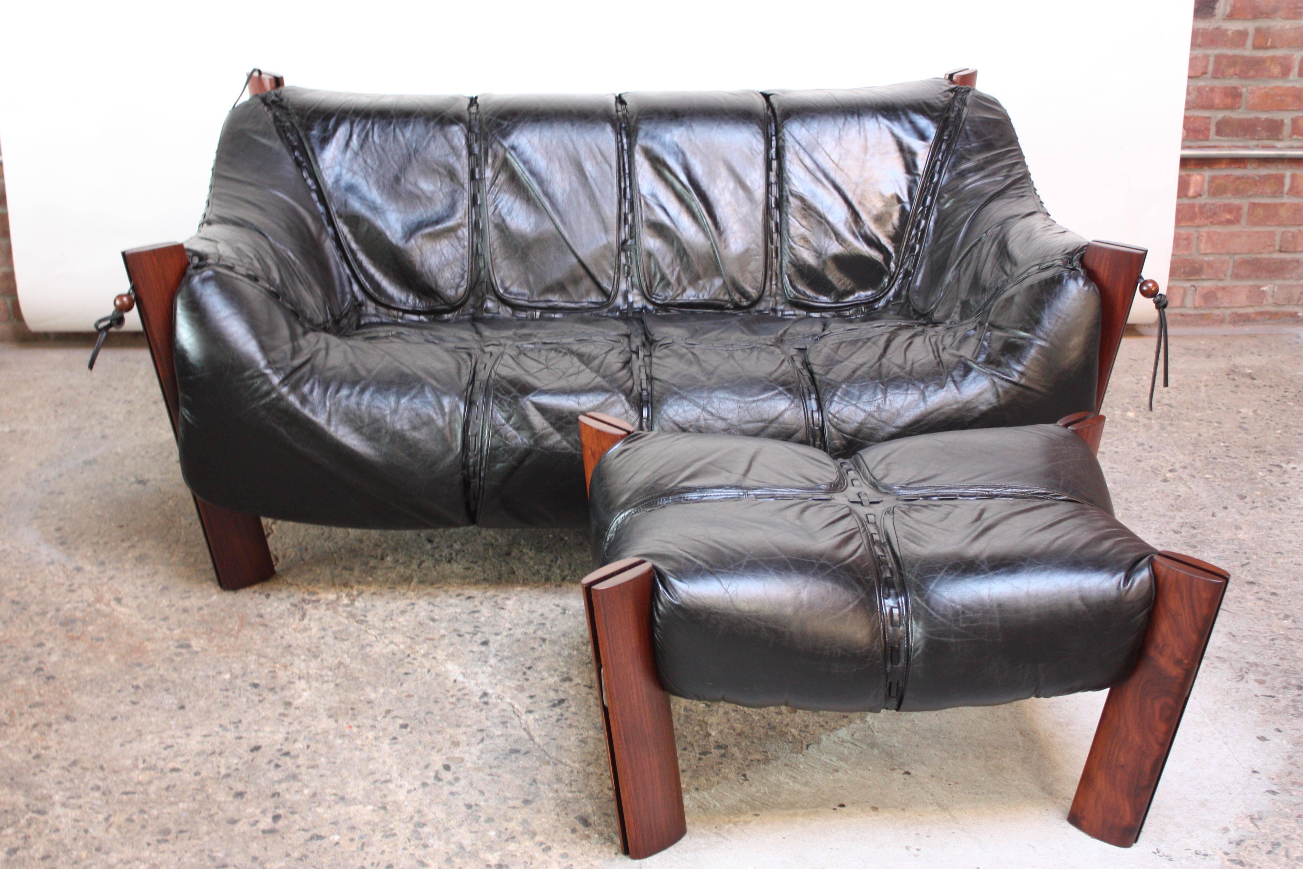 Late 20th Century Percival Lafer MP-211 Jacaranda and Leather Two-Seat Sofa with Ottoman