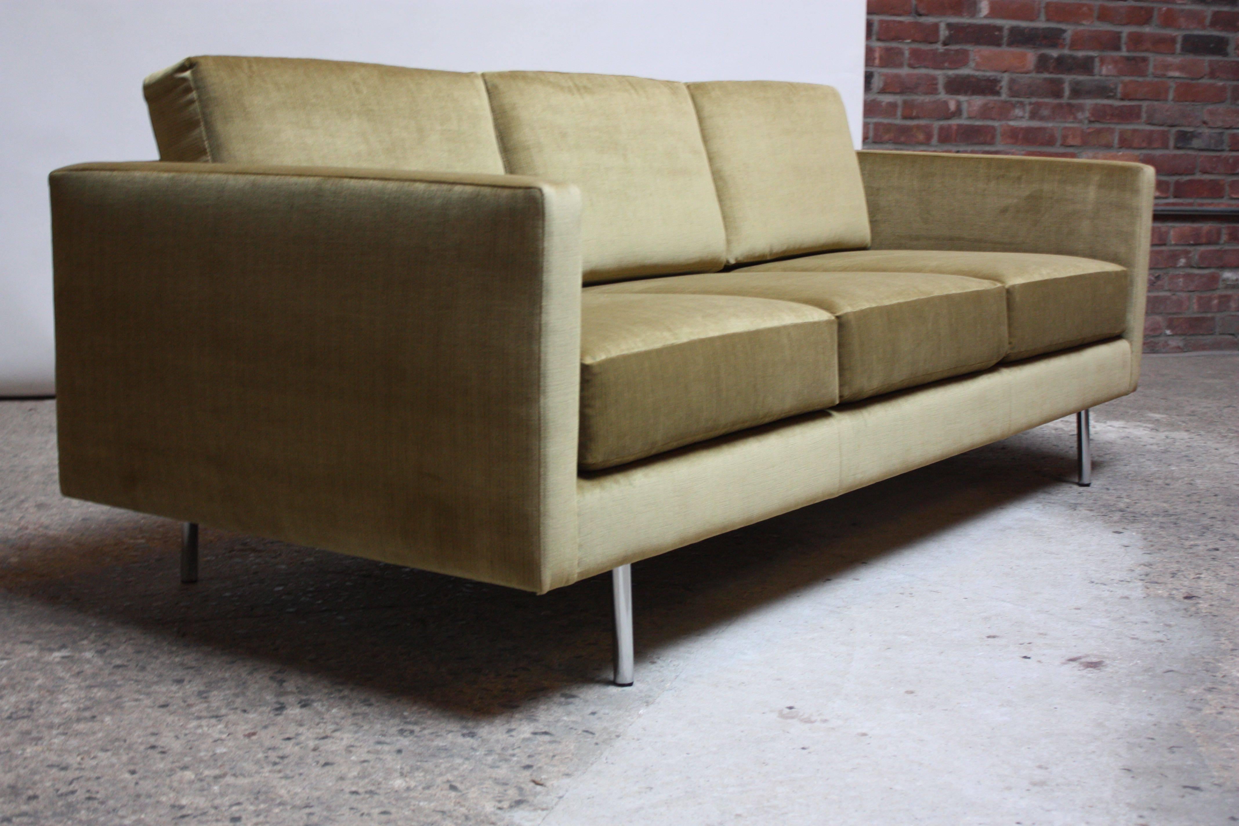 Mid-Century Modern 1960s Three-Seat Directional Sofa in Sage Velvet