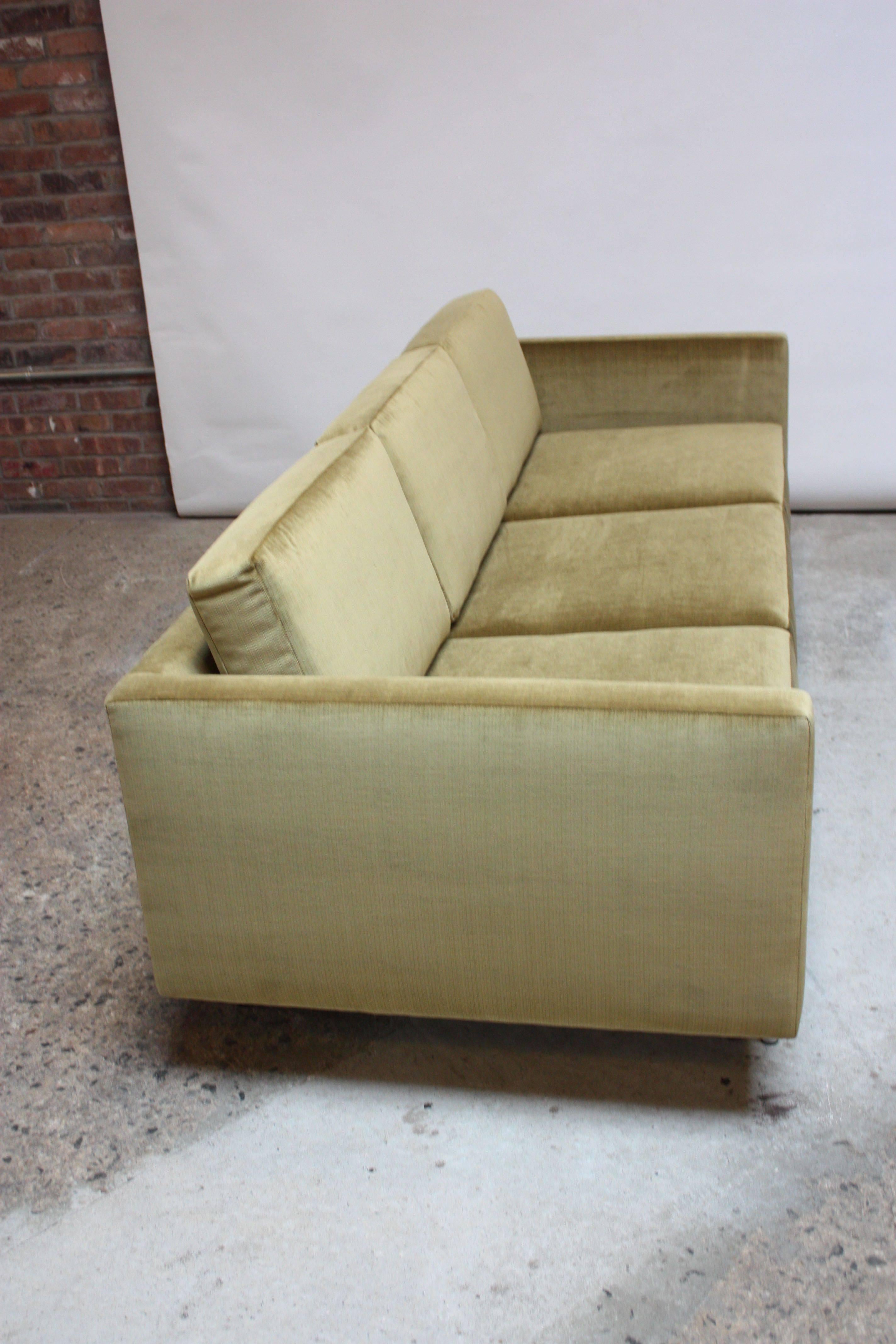 American 1960s Three-Seat Directional Sofa in Sage Velvet