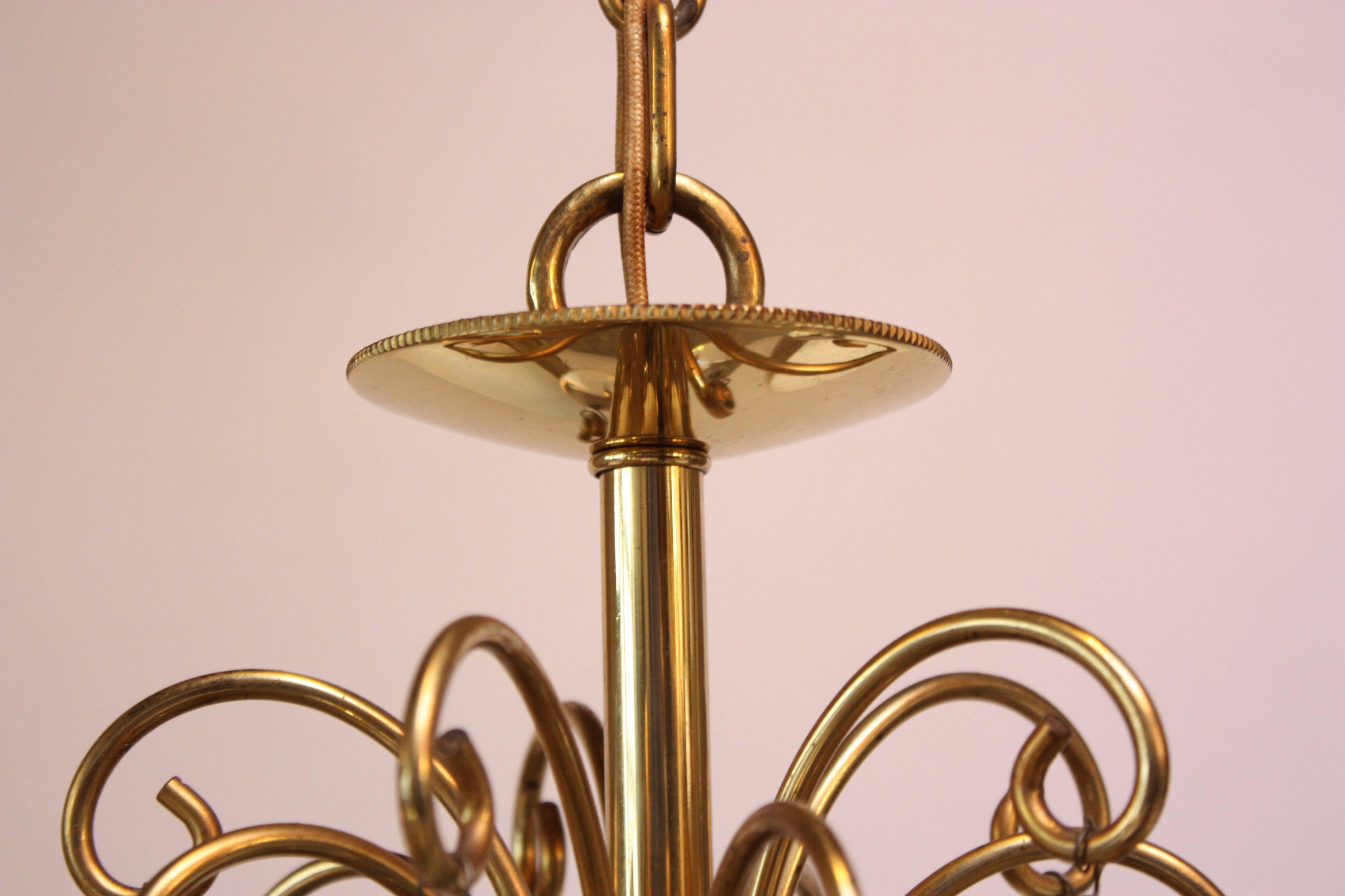 Mid-20th Century Midcentury Brass Five-Fixture Chandelier with Perforated Shades For Sale
