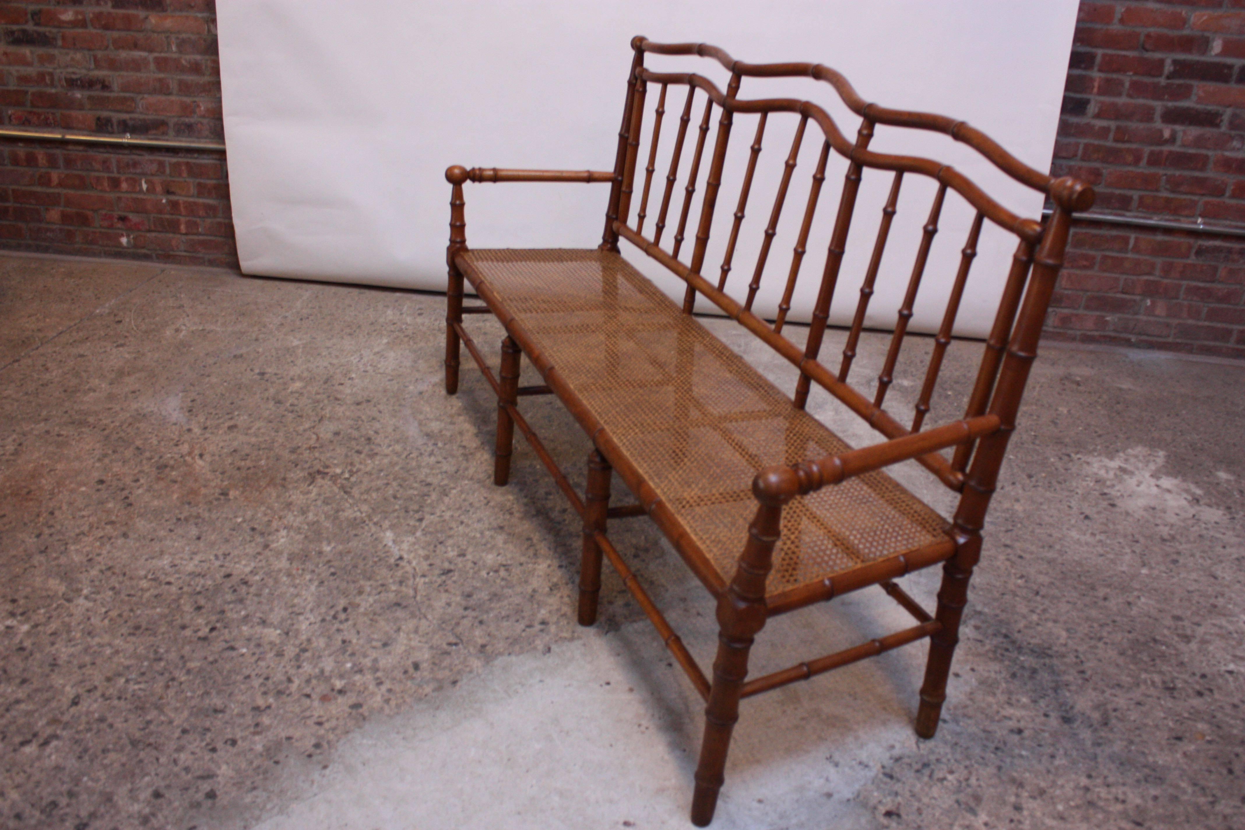 Mid-Century Modern Mid-20th Century Faux-Bamboo Settee Bench in Cherrywood 