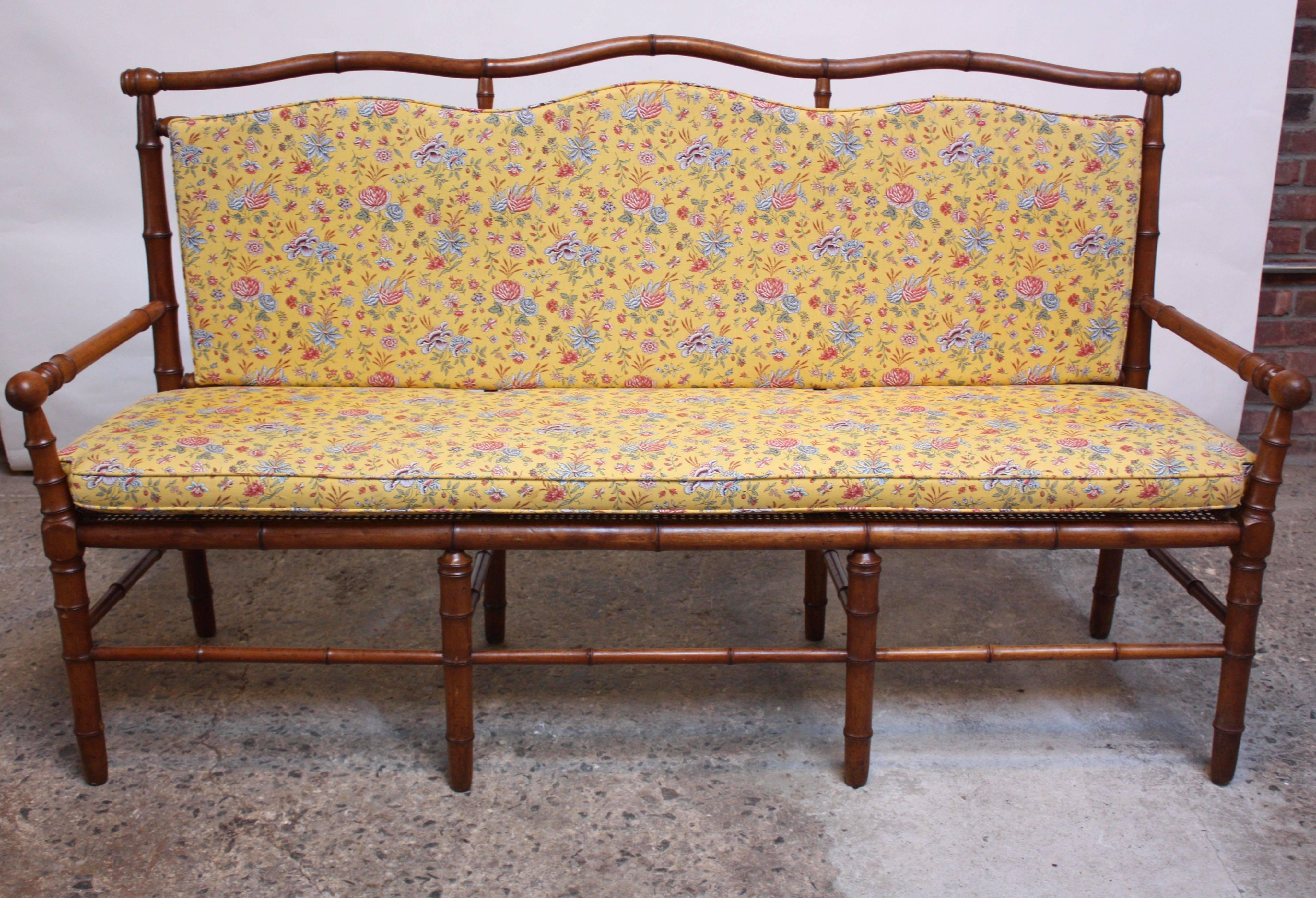 French Mid-20th Century Faux-Bamboo Settee Bench in Cherrywood 