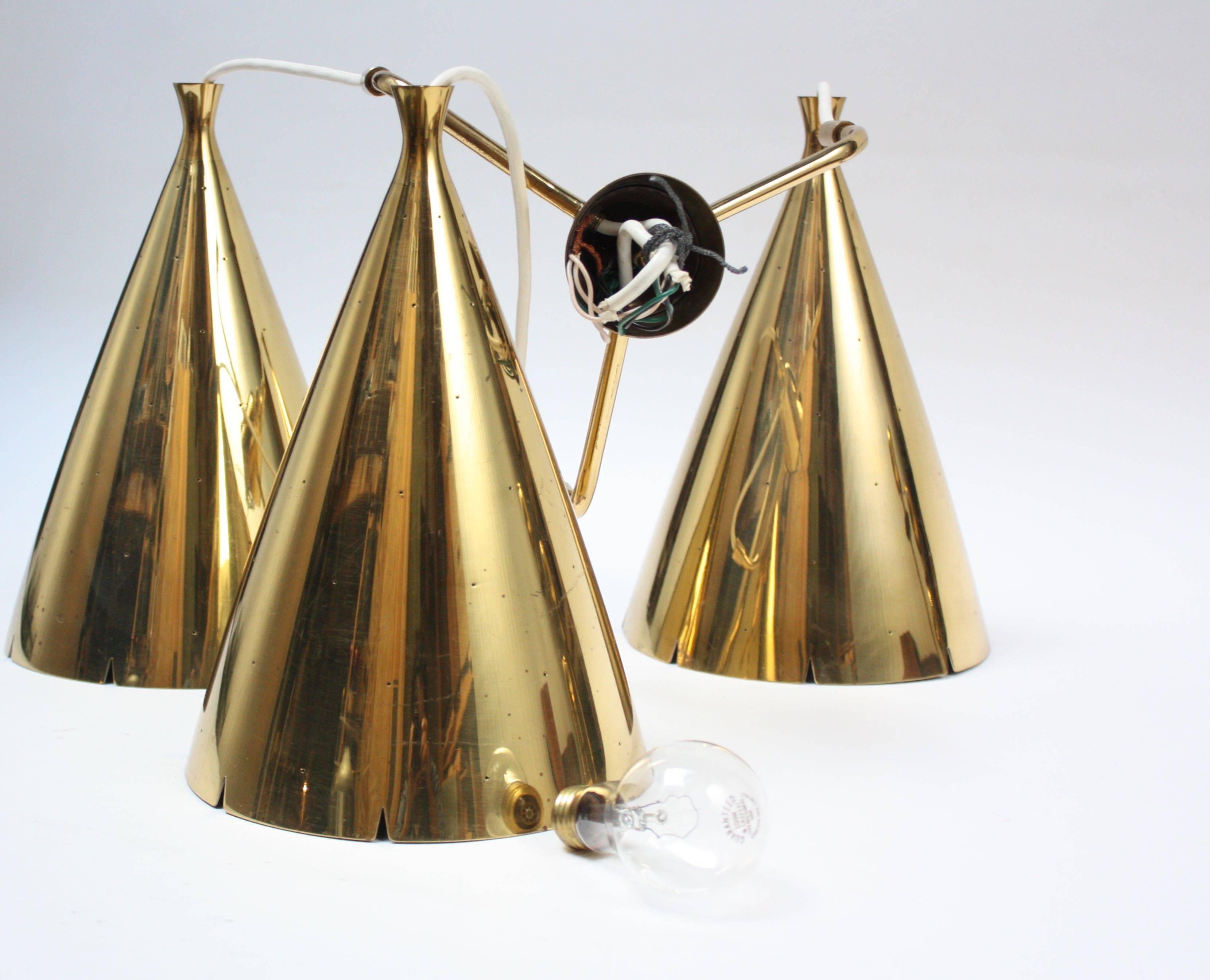 American Mid-Century Three Pendant Solid Brass Chandelier after Paavo Tynell For Sale
