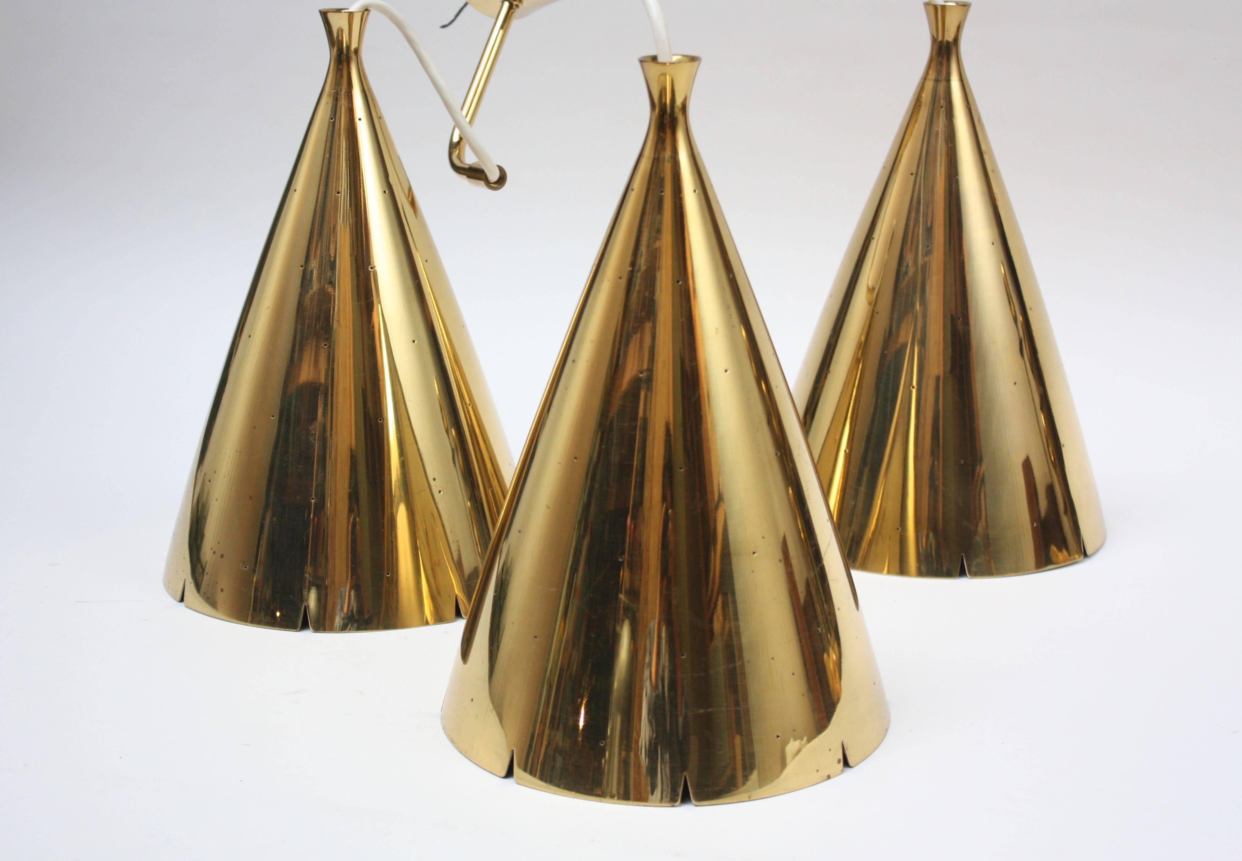 Mid-Century Modern Mid-Century Three Pendant Solid Brass Chandelier after Paavo Tynell For Sale