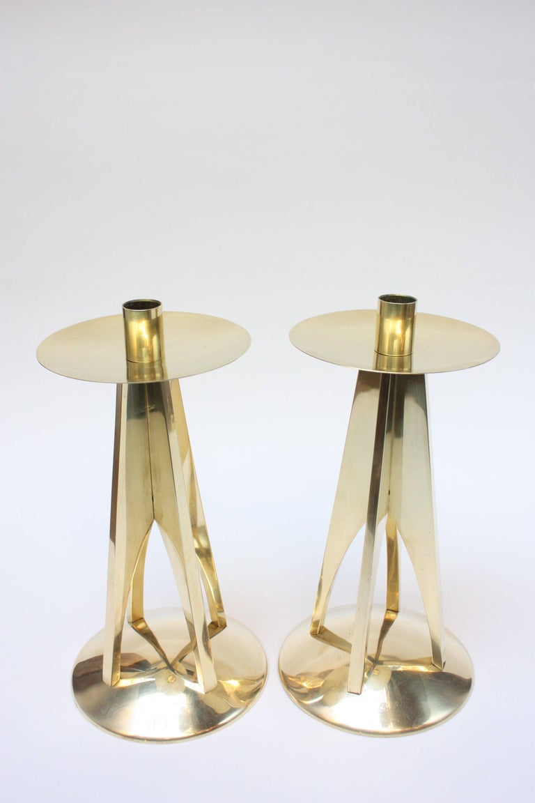 Pair of Large MidCentury Modern Brass Candlesticks at 1stDibs
