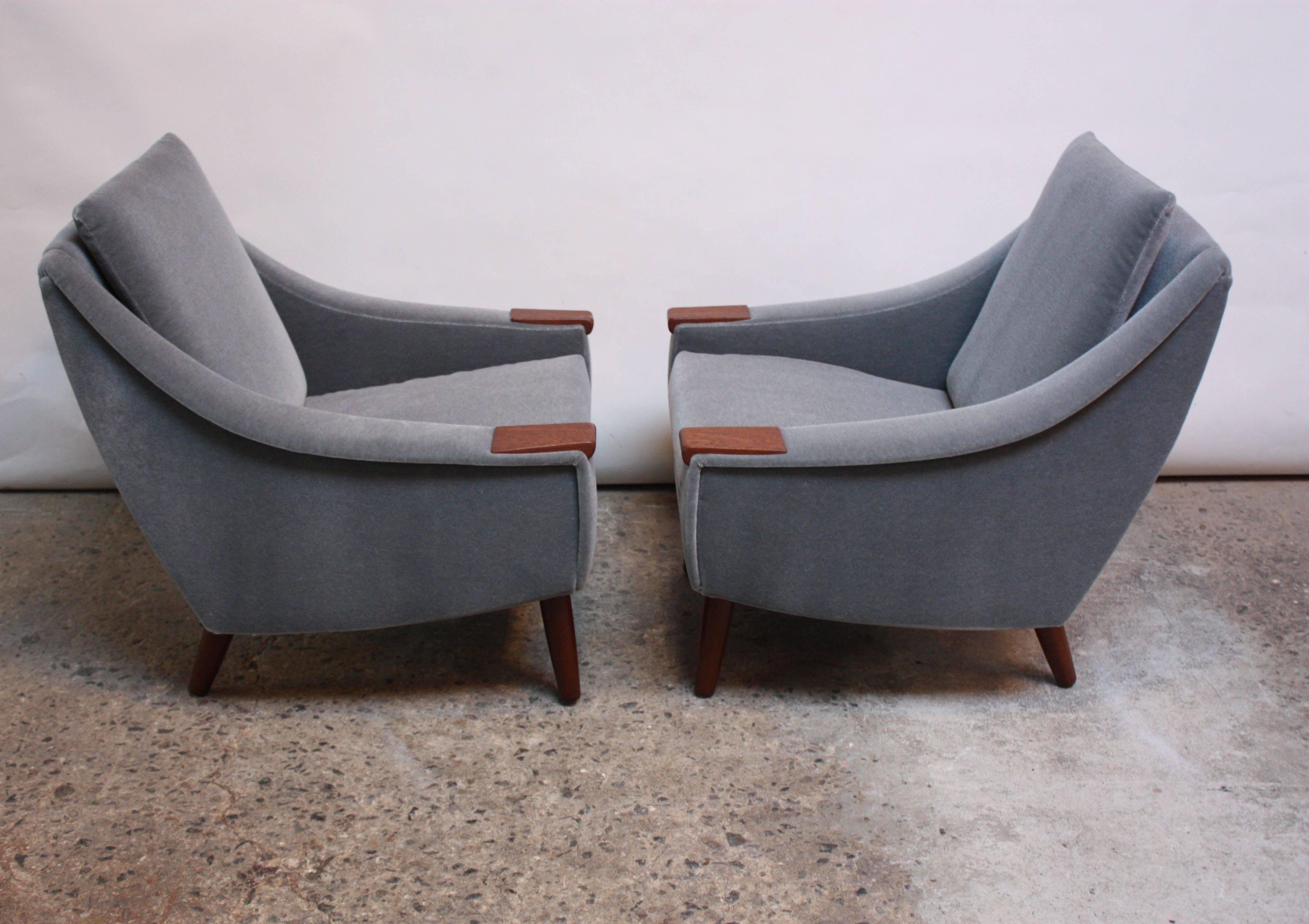 Mid-20th Century Pair of Danish Modern Teak and Mohair Lounge Chairs
