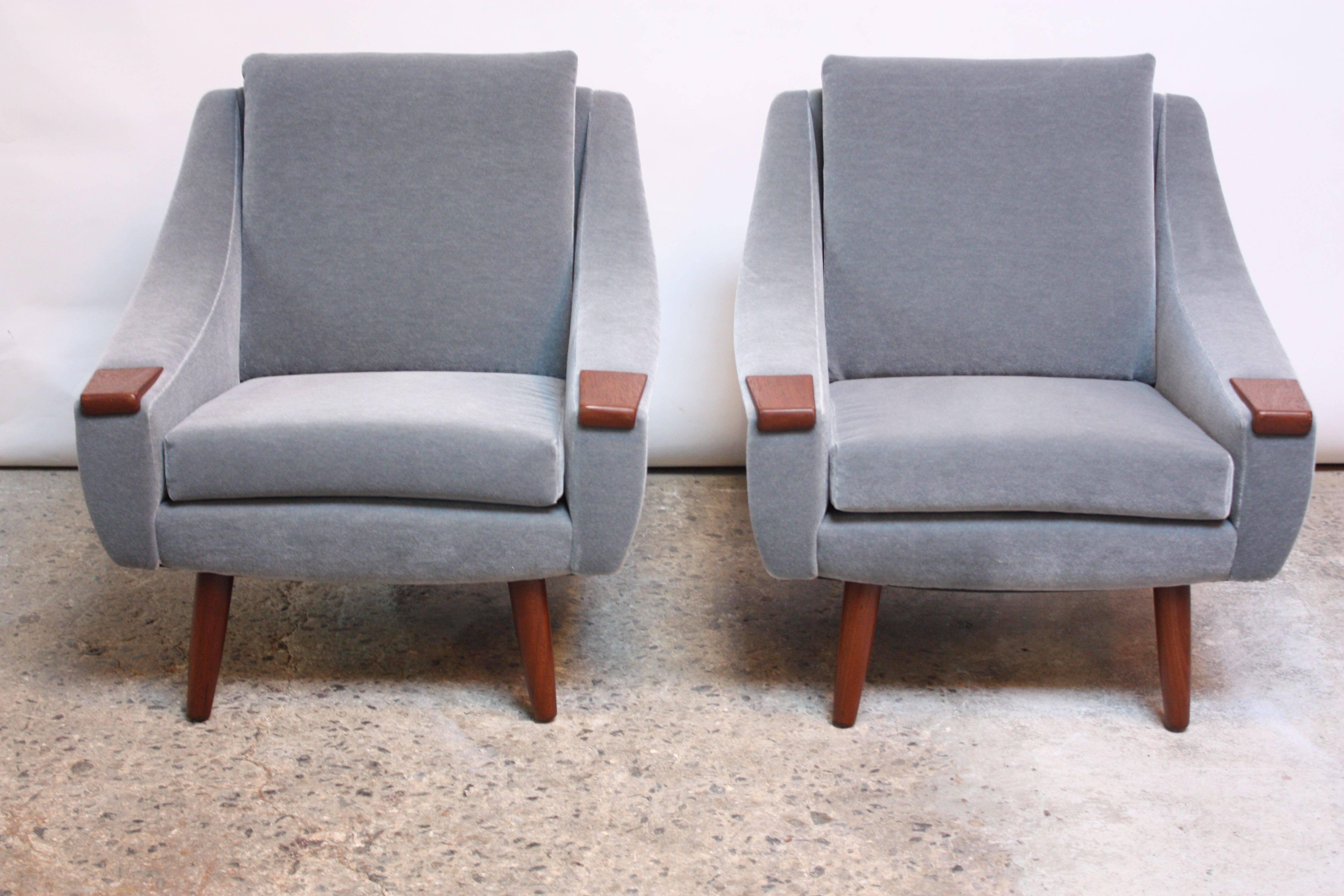 Mid-Century Modern Pair of Danish Modern Teak and Mohair Lounge Chairs