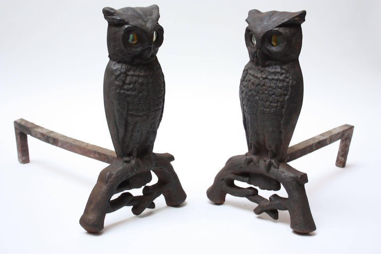 1930s Cast Iron Owl Andirons with Glass Eyes at 1stDibs | replacement glass  eyes for owl andirons, antique owl andirons, owl andirons value