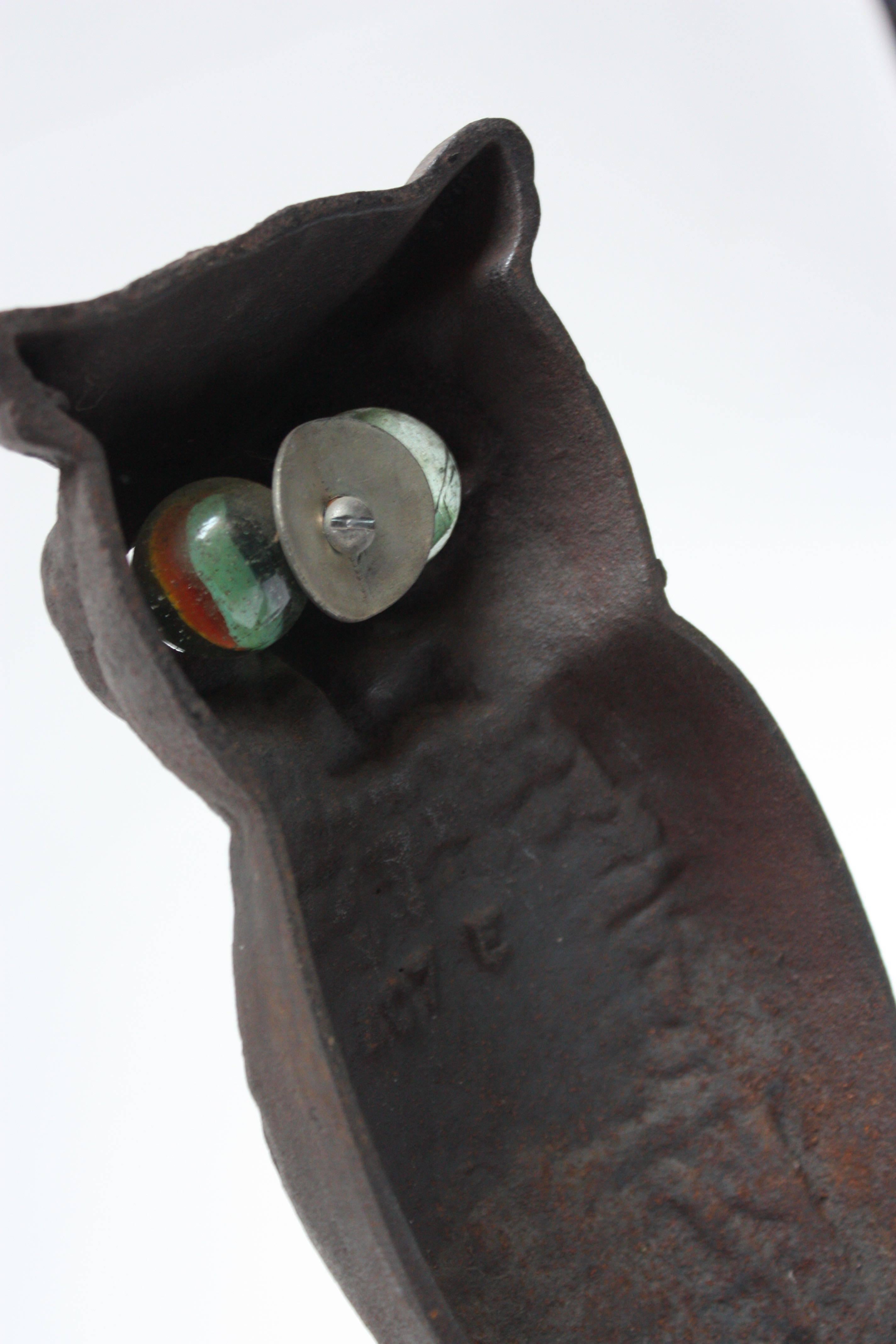 American 1930s Cast Iron Owl Andirons with Glass Eyes
