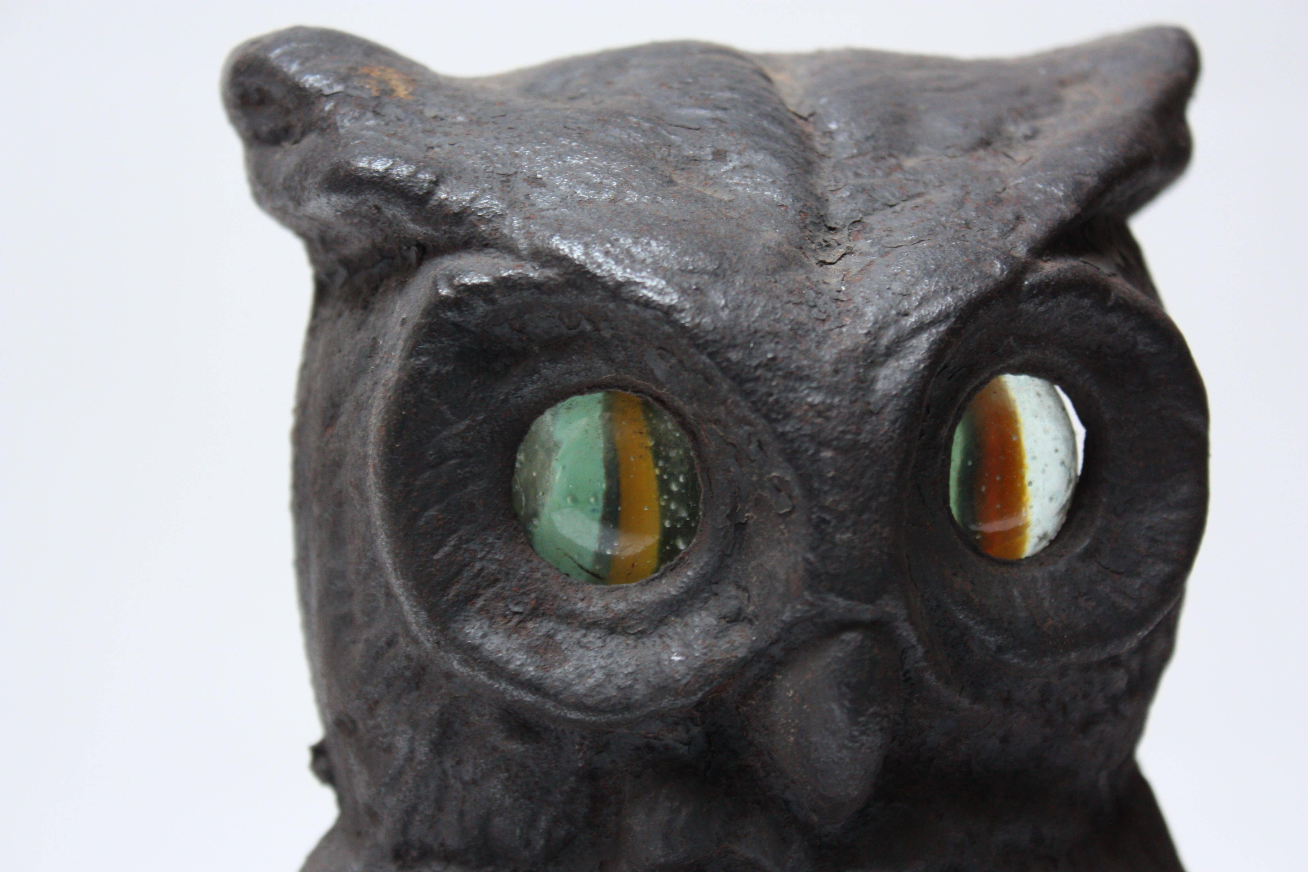 Art Deco 1930s Cast Iron Owl Andirons with Glass Eyes