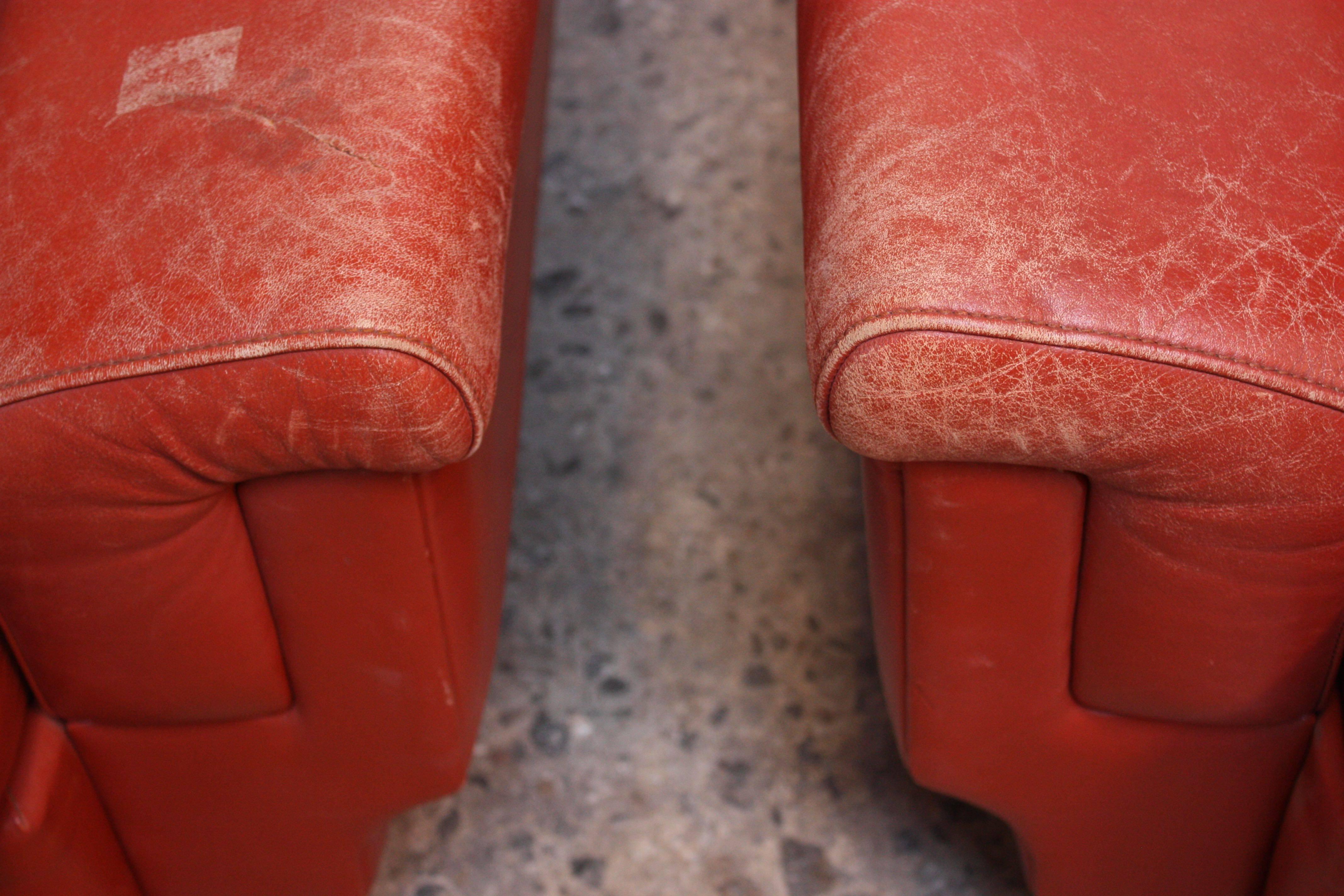 Mahogany Pair of Danish Modern Lounge Chairs in Coral Leather