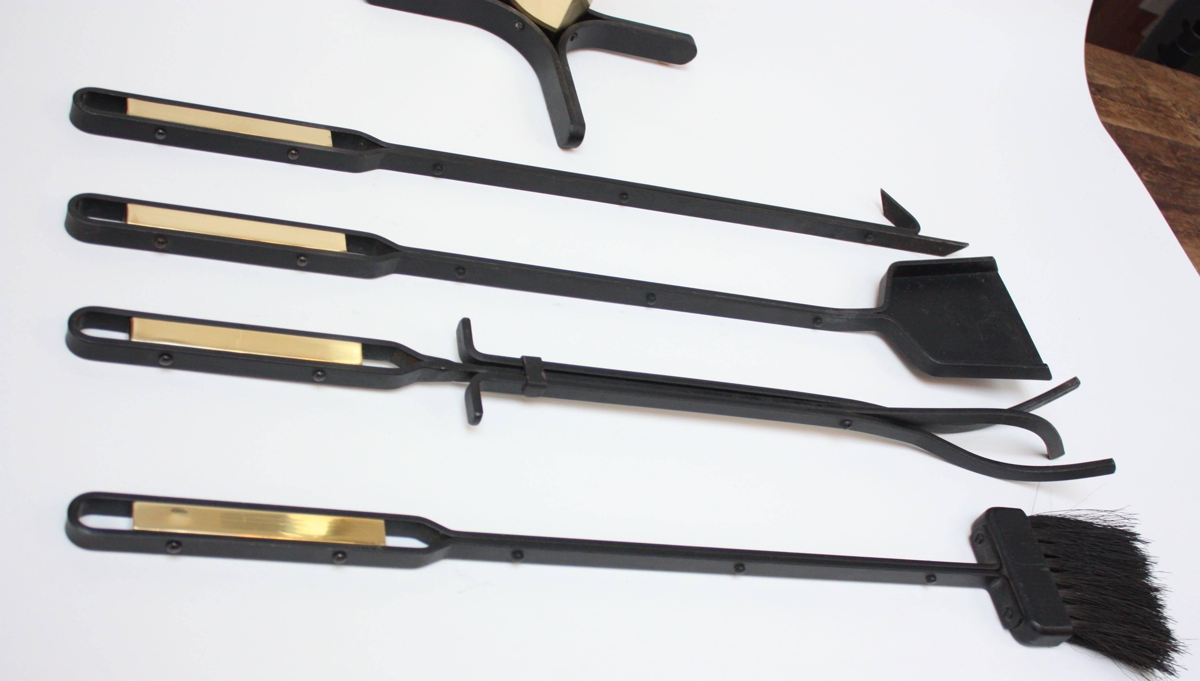Mid-Century Modern Wrought Iron and Brass Firetools For Sale 2
