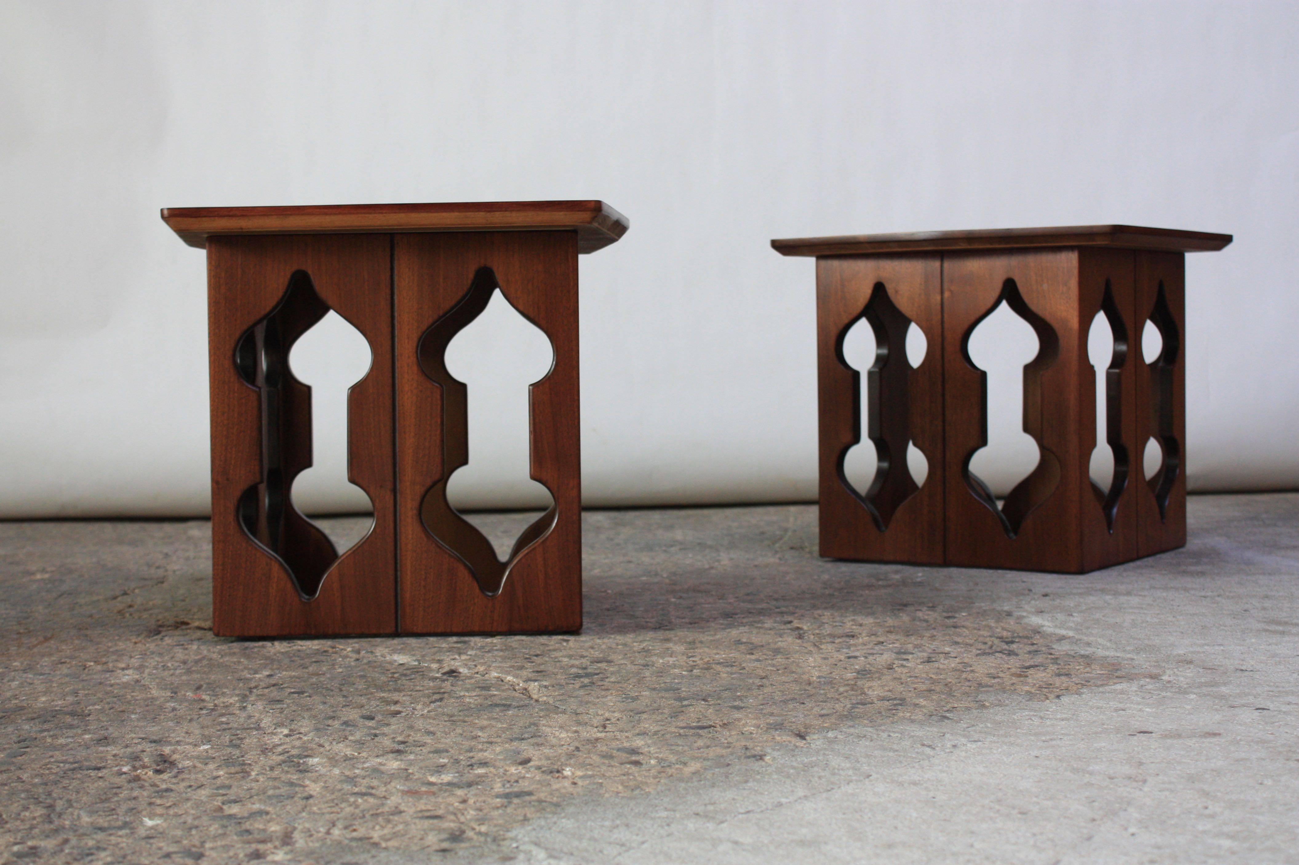 Pair of Vintage Moorish Style Walnut Side Tables with Carved Decoration 4