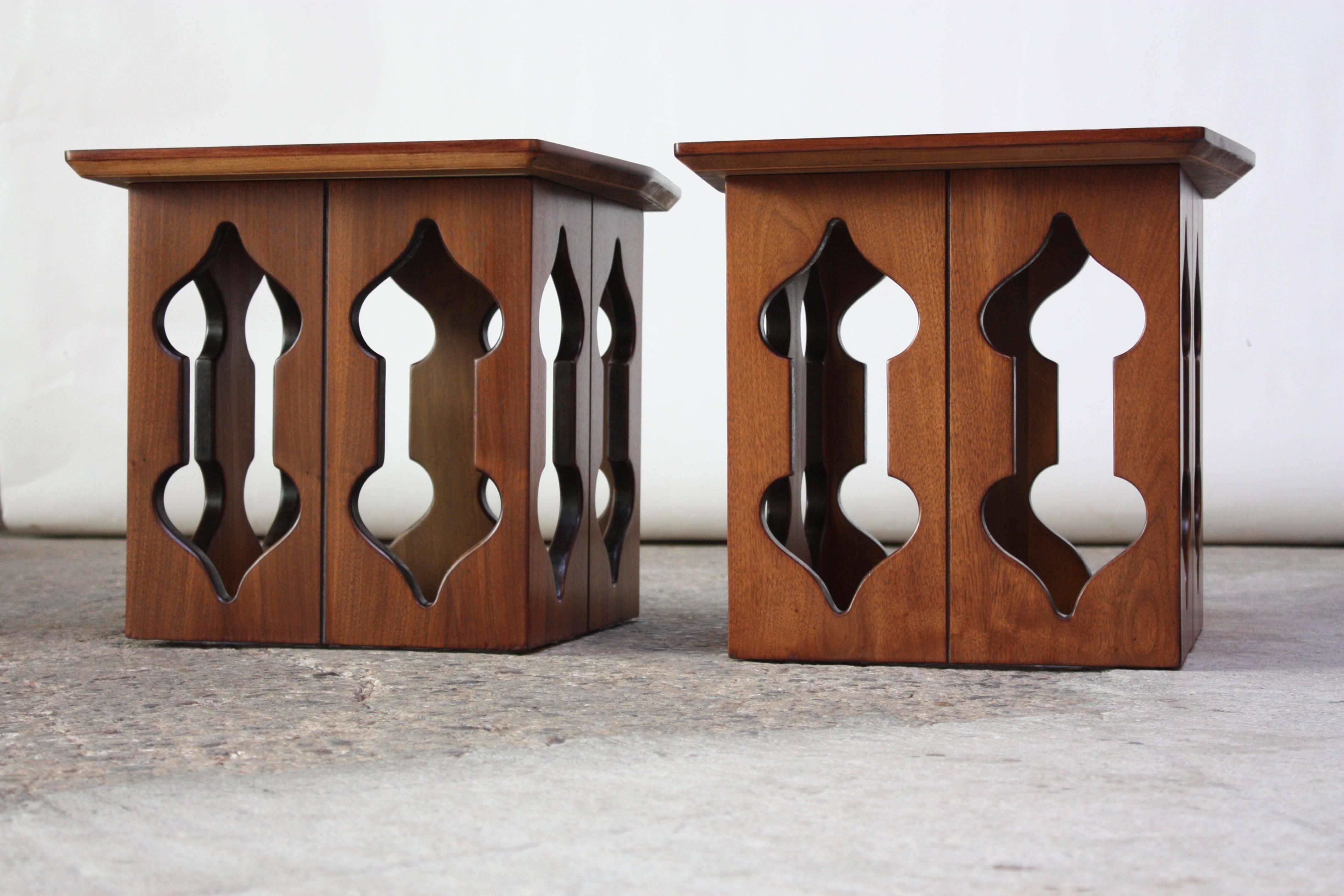 Mid-20th Century Pair of Vintage Moorish Style Walnut Side Tables with Carved Decoration