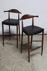 Pair of Danish Cow Horn Bar Stools in Teak and Leather after Hans Wegner