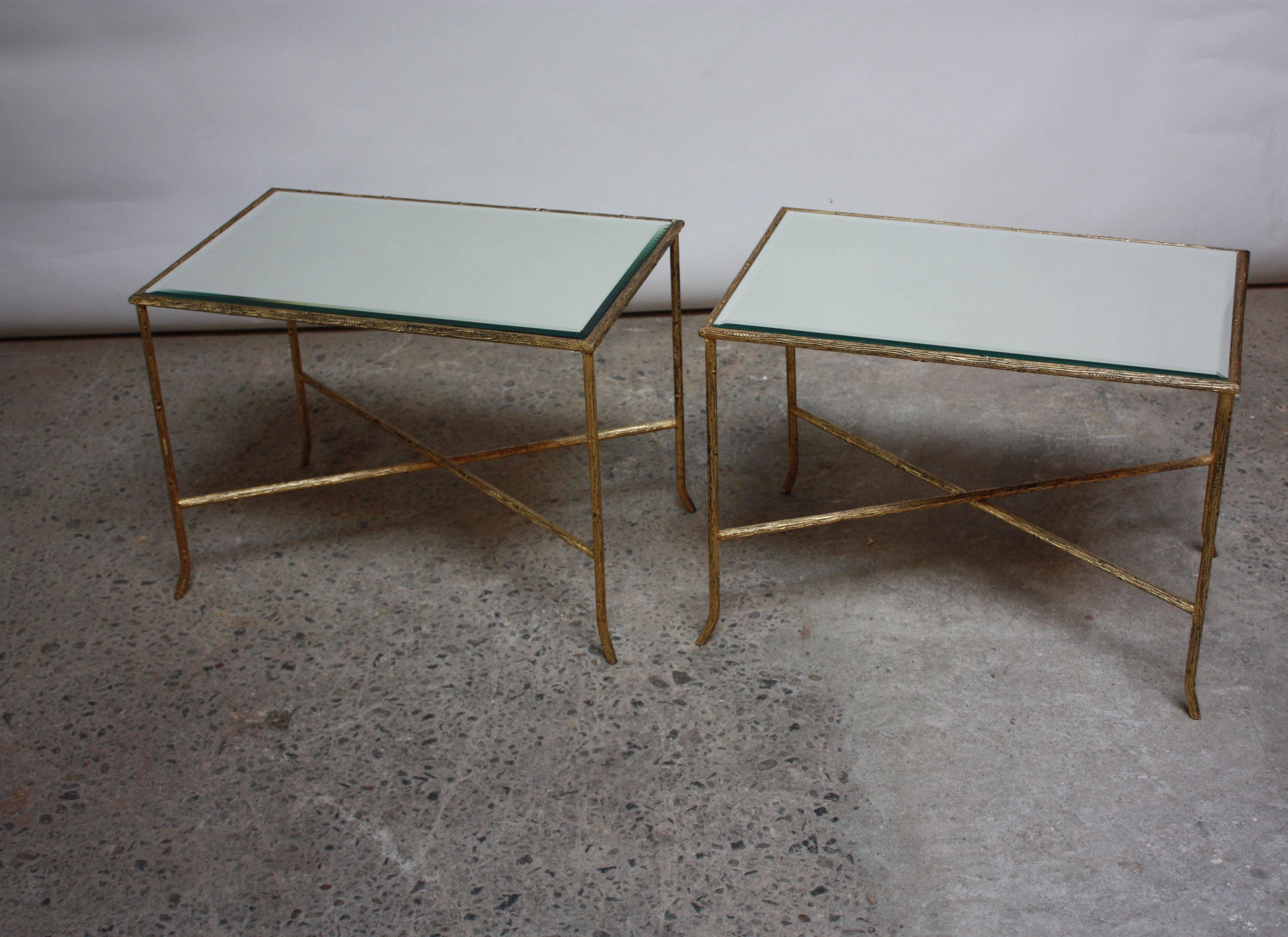 Hollywood Regency Pair of Italian Gilded X-Base Side Tables with Mirror Tops