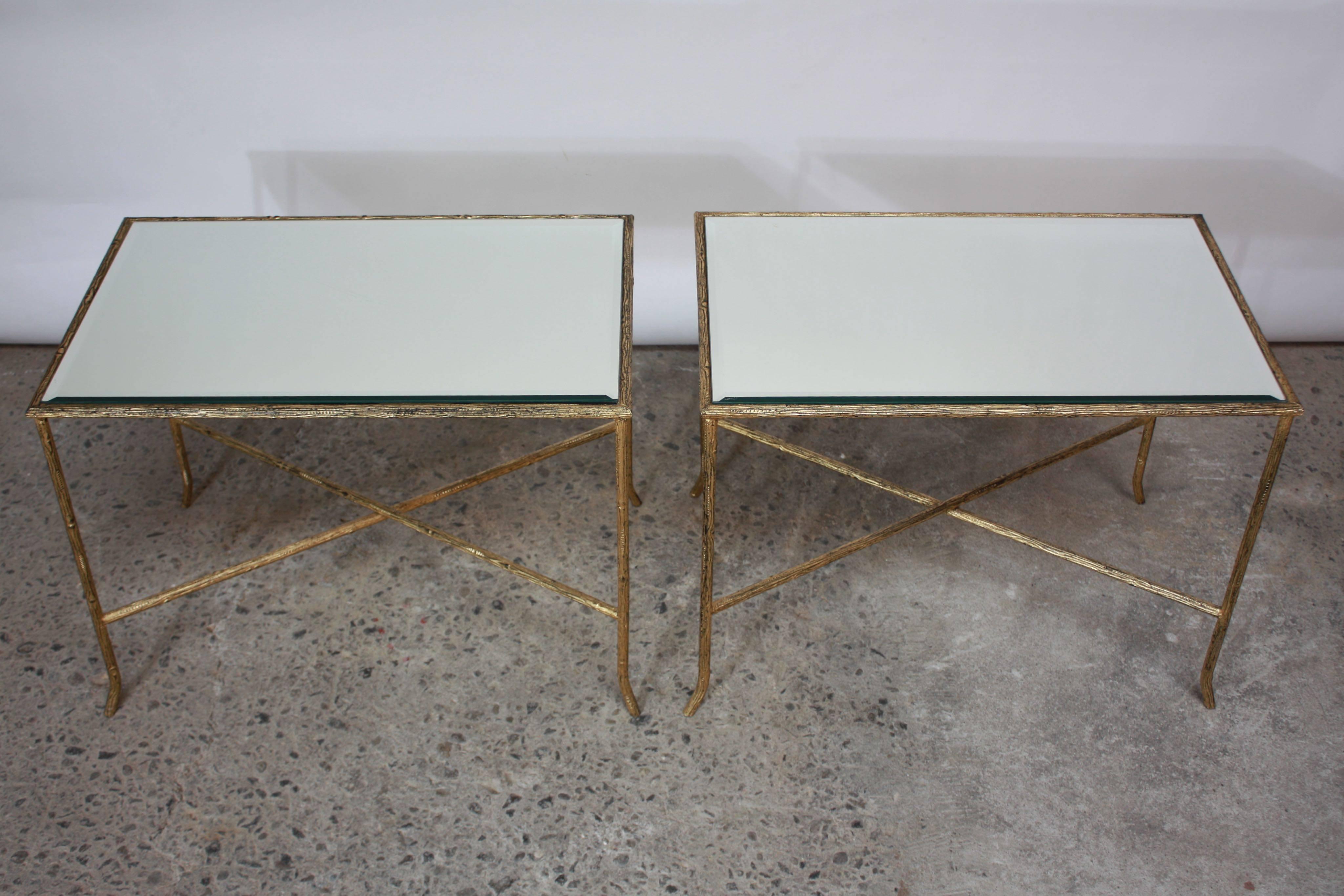 Pair of Italian Gilded X-Base Side Tables with Mirror Tops 3