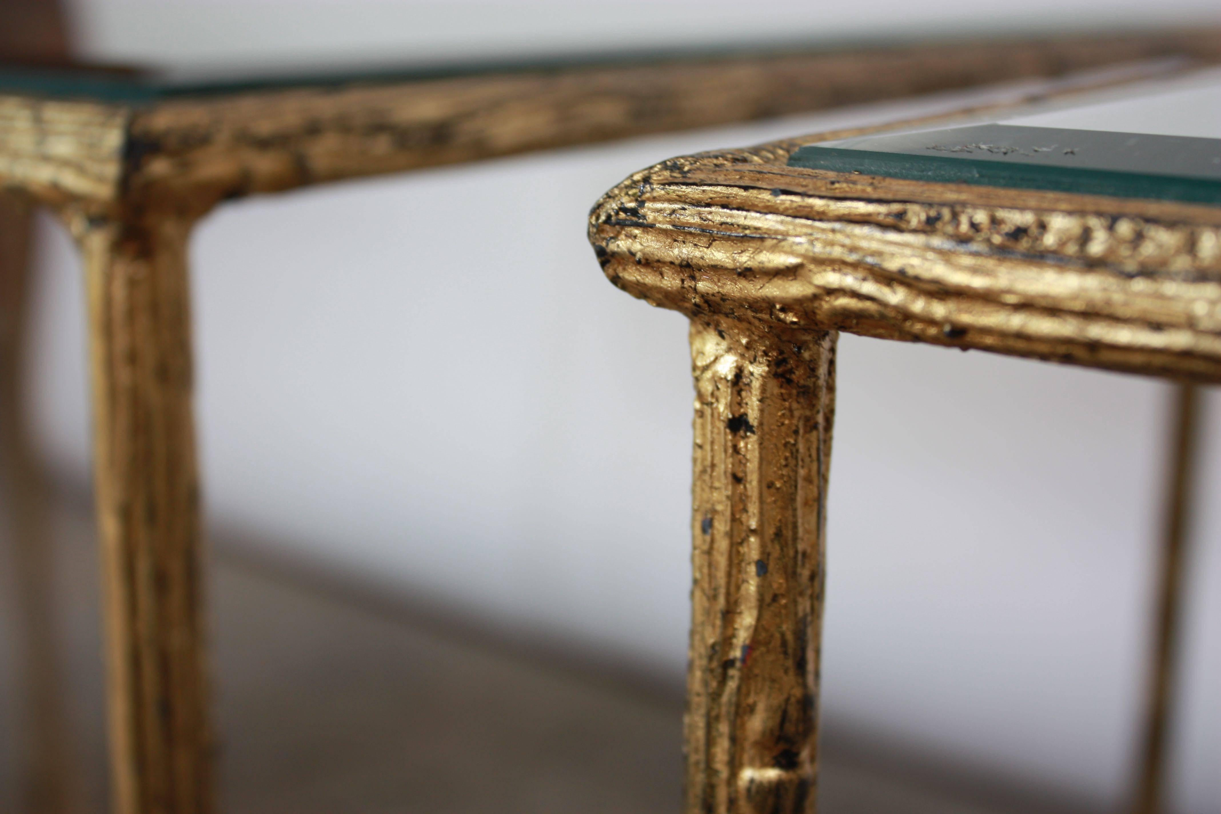 Beveled Pair of Italian Gilded X-Base Side Tables with Mirror Tops