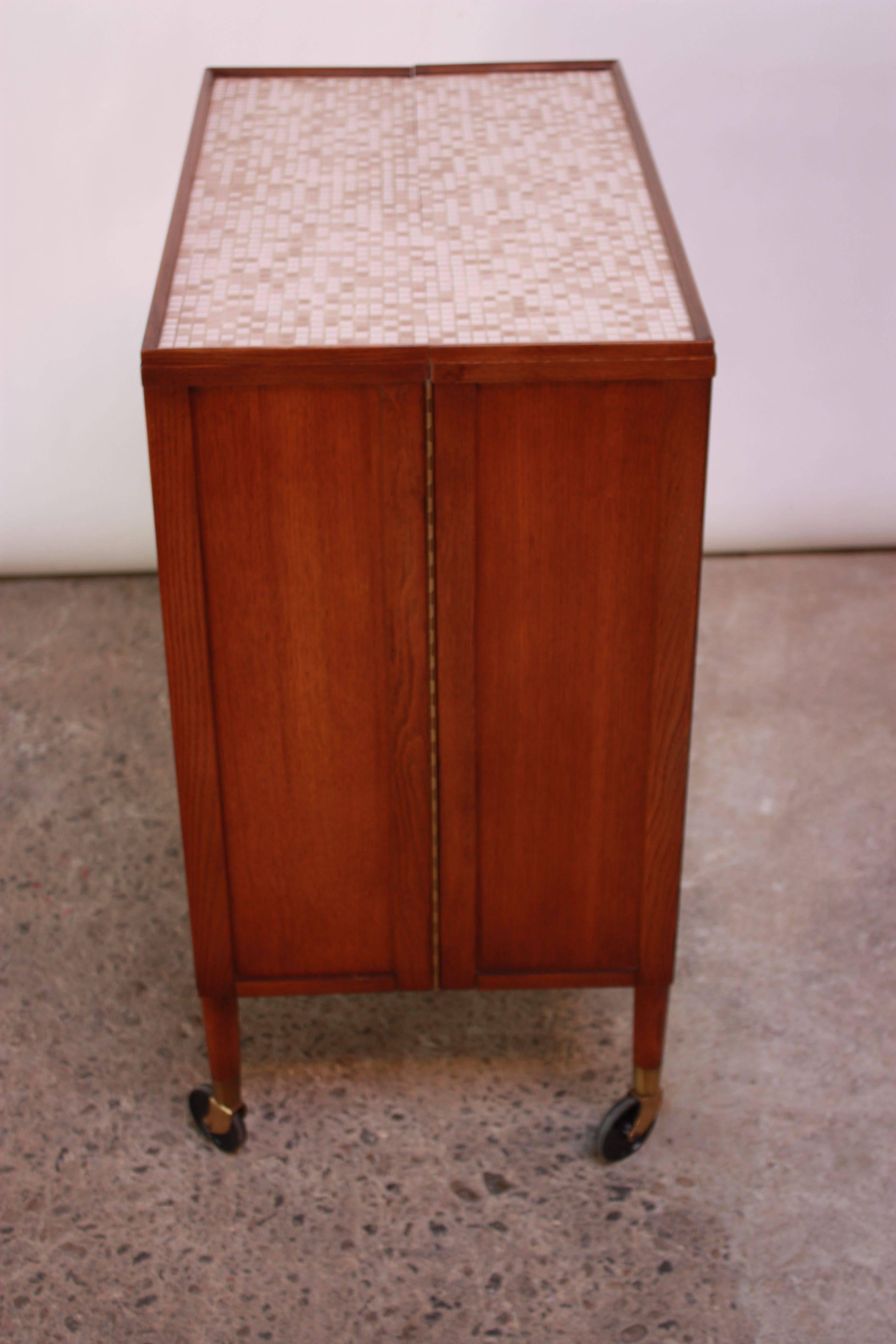 Ceramic and Walnut Folding Bar Cart by Henry Glass In Good Condition In Brooklyn, NY
