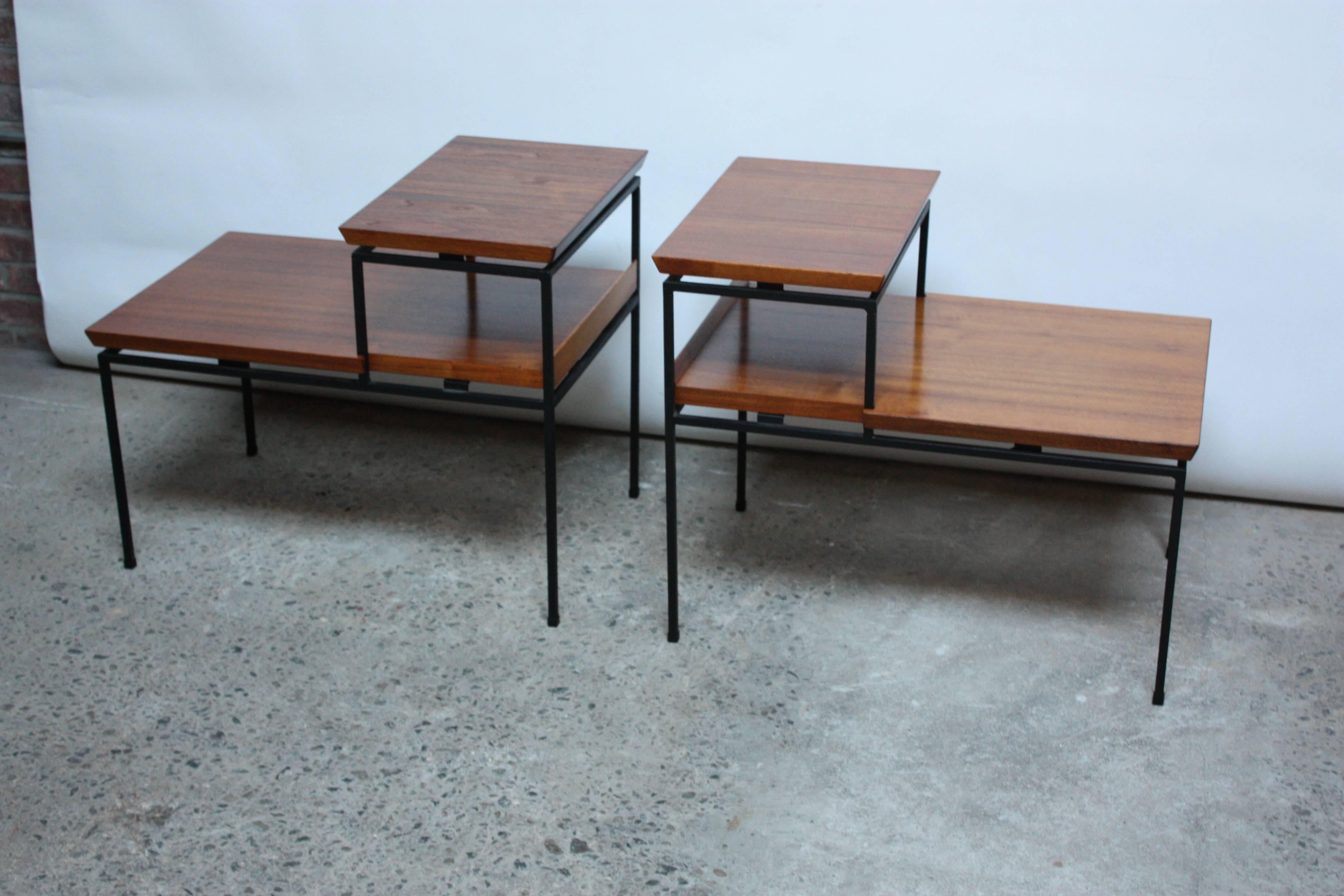 Mid-20th Century Pair of Two-Tier Walnut and Iron Side Tables by Furnwood Corp