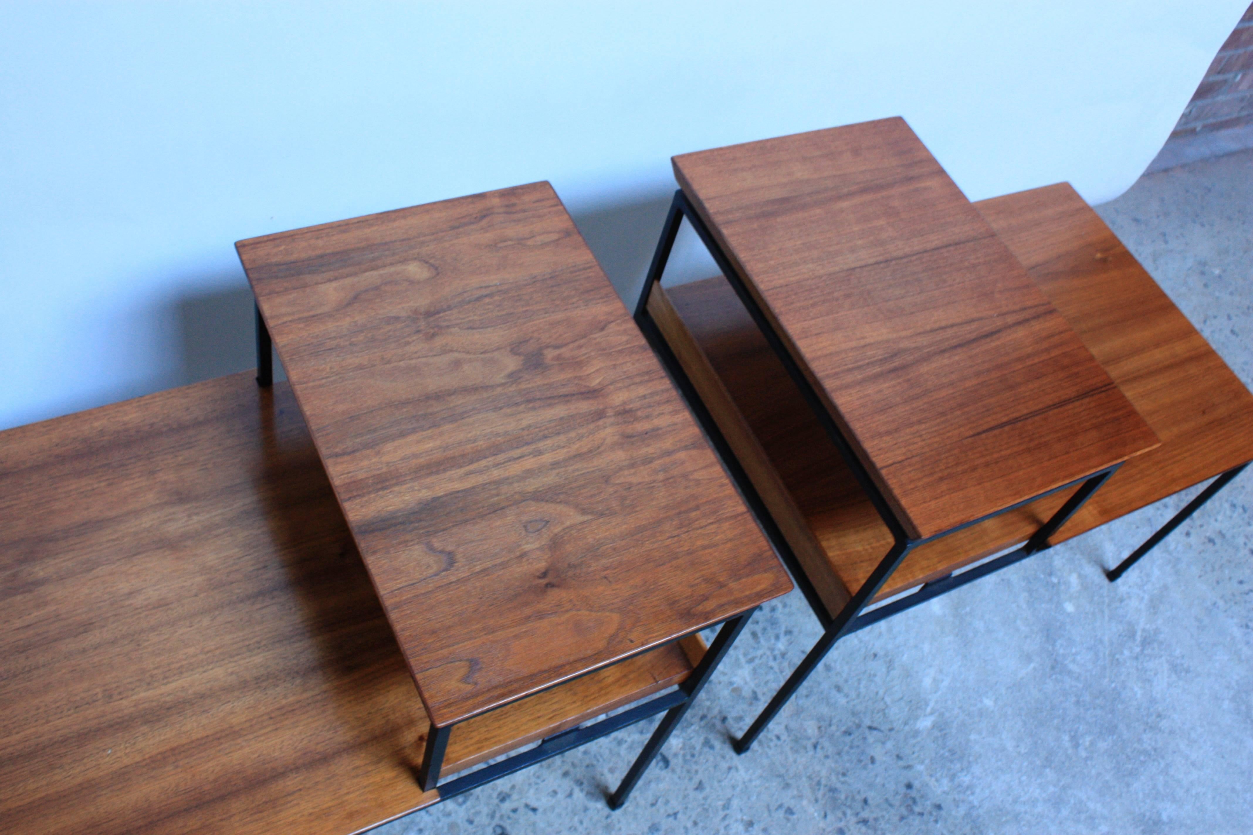 Mid-Century Modern Pair of Two-Tier Walnut and Iron Side Tables by Furnwood Corp