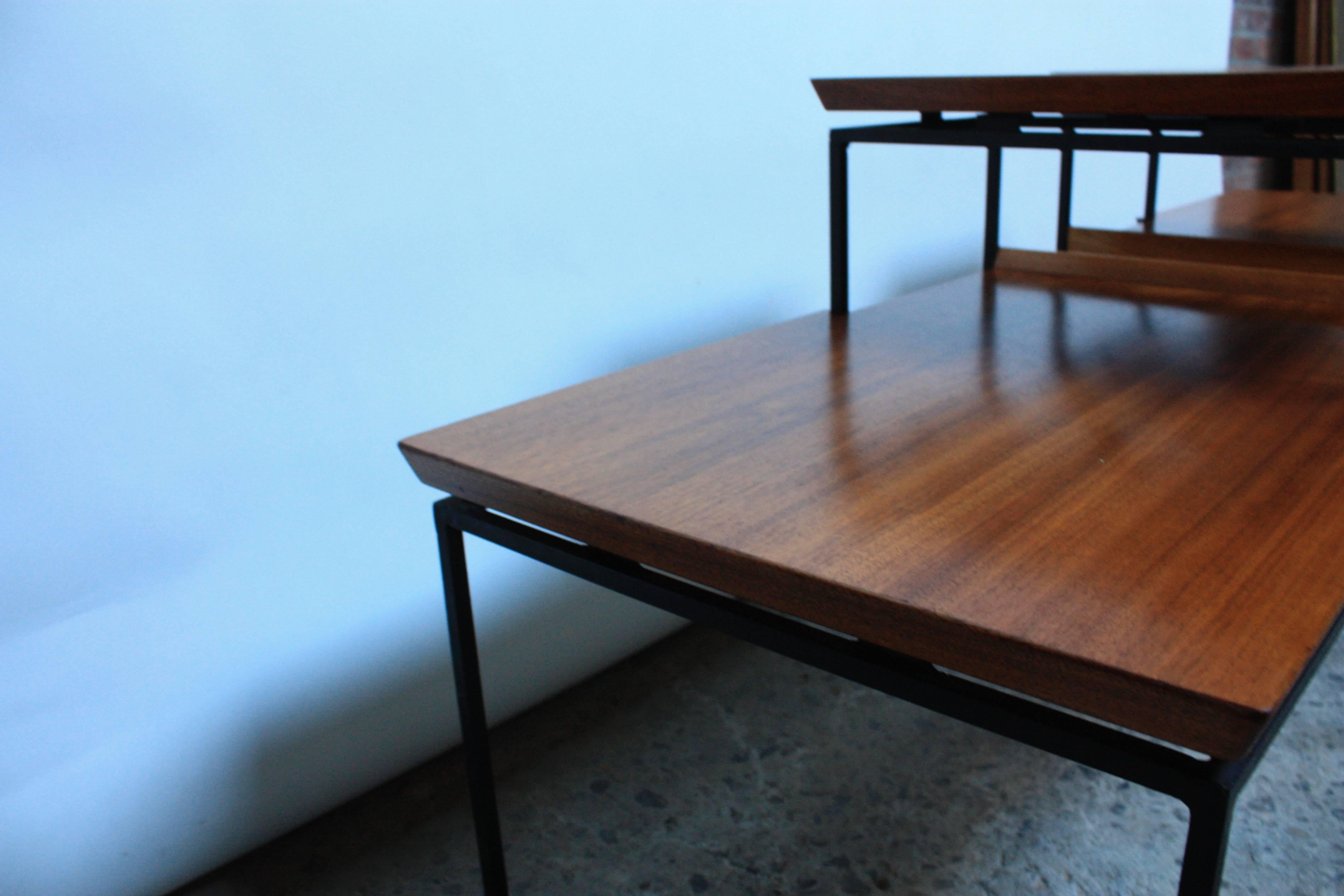 Pair of Two-Tier Walnut and Iron Side Tables by Furnwood Corp In Good Condition In Brooklyn, NY
