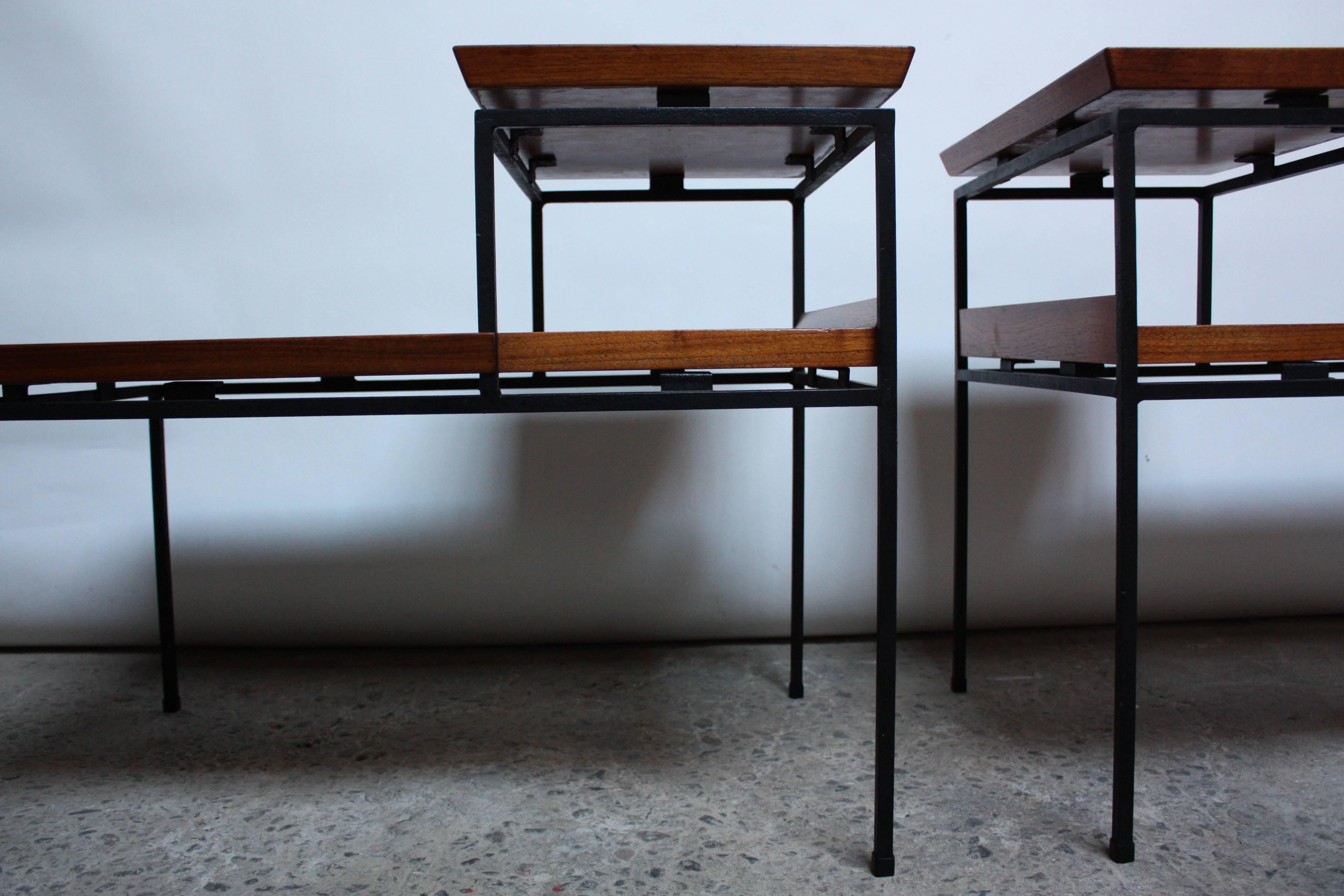 American Pair of Two-Tier Walnut and Iron Side Tables by Furnwood Corp