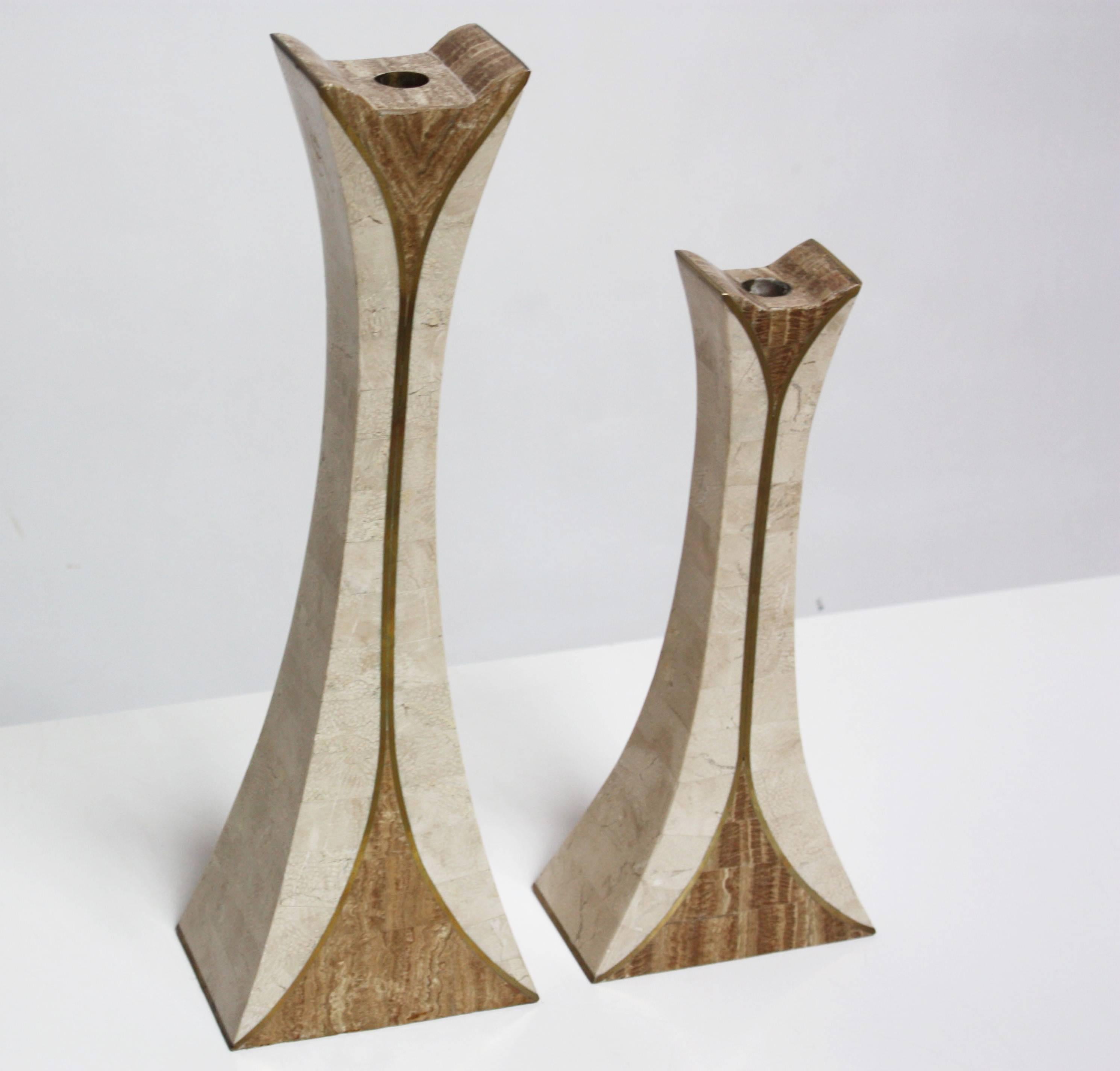 Late 20th Century Pair of Maitland Smith Tessellated Stone Candlesticks
