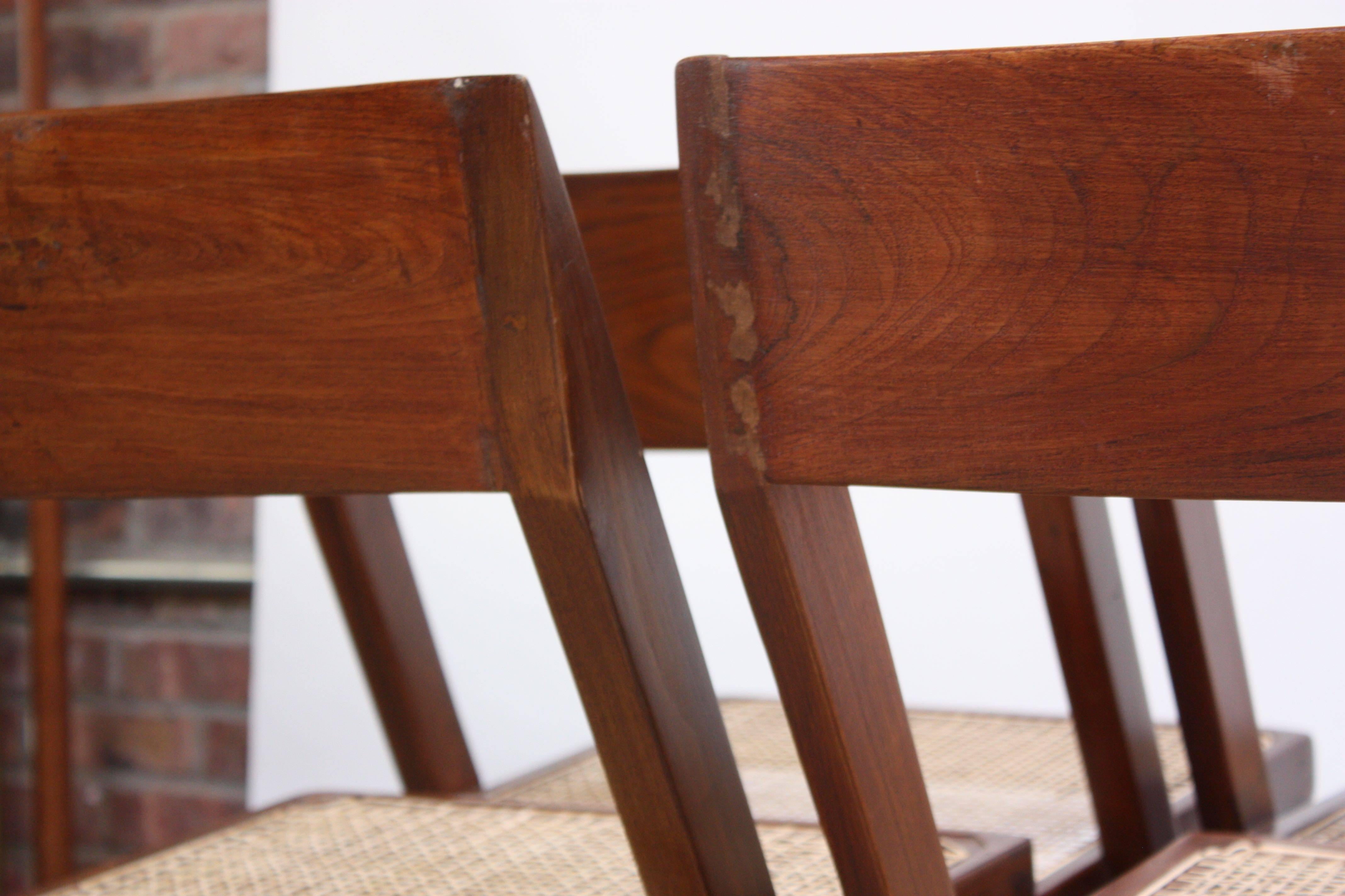Set of Six Pierre Jeanneret Library Chairs in Teak and Cane 4