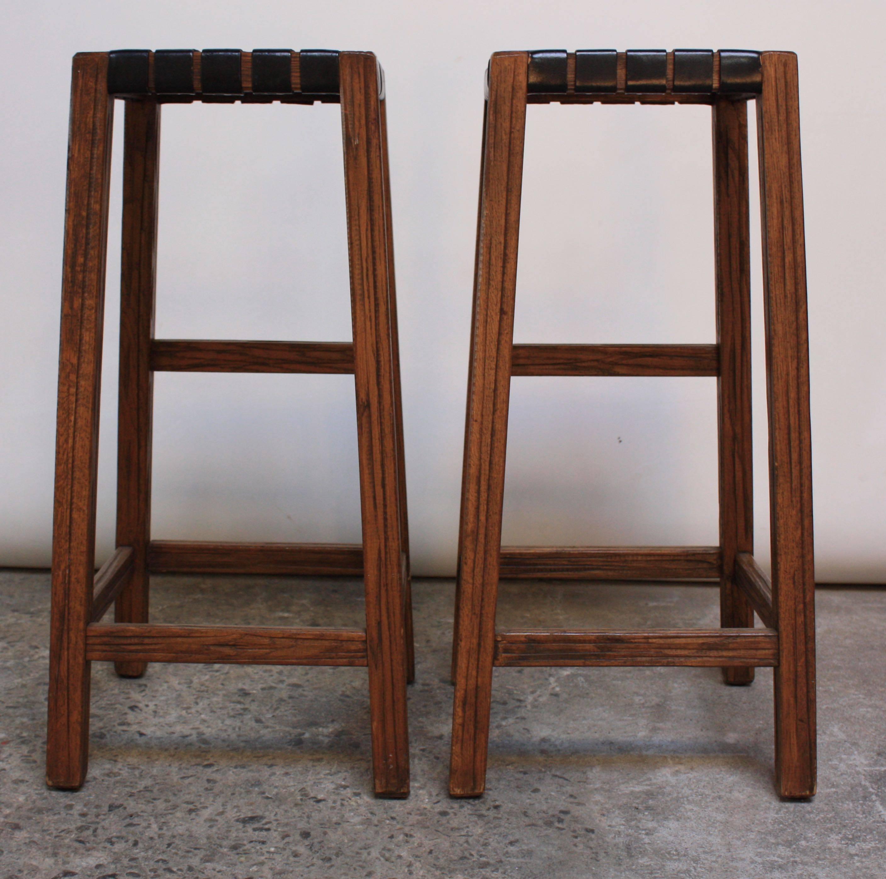 Mid-Century Modern Pair of Stained Walnut Bar Stools with Original Leather Webbing