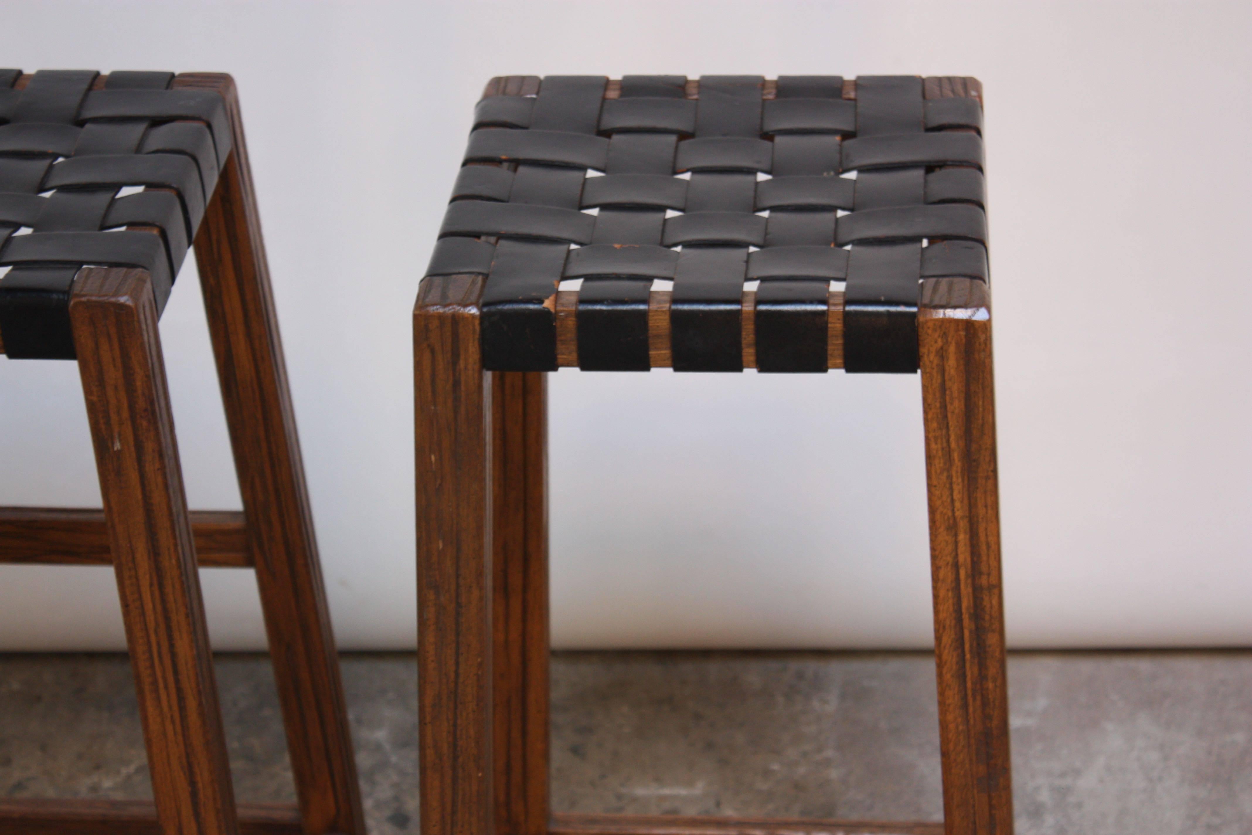 American Pair of Stained Walnut Bar Stools with Original Leather Webbing
