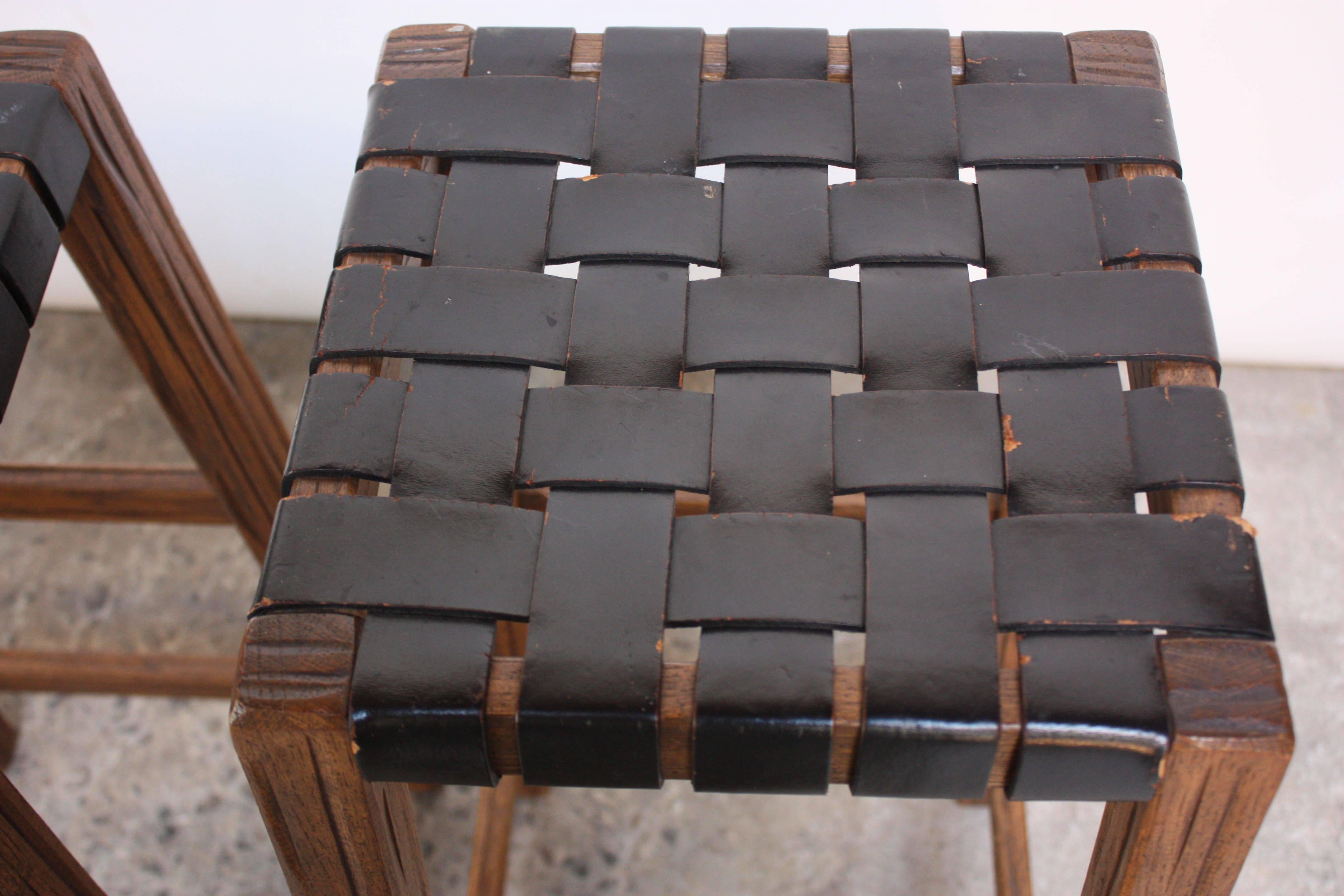 Late 20th Century Pair of Stained Walnut Bar Stools with Original Leather Webbing