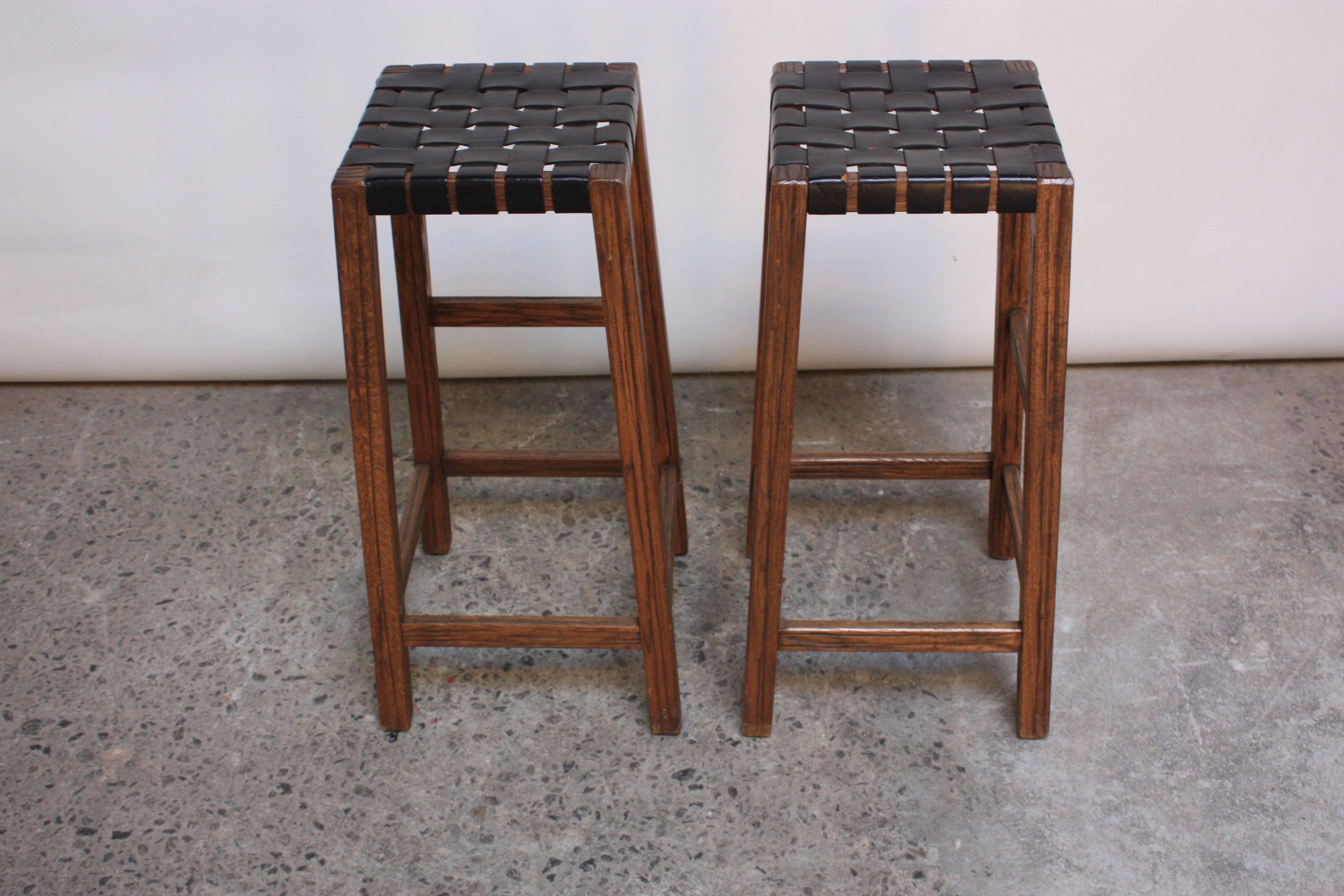 Pair of Stained Walnut Bar Stools with Original Leather Webbing 2