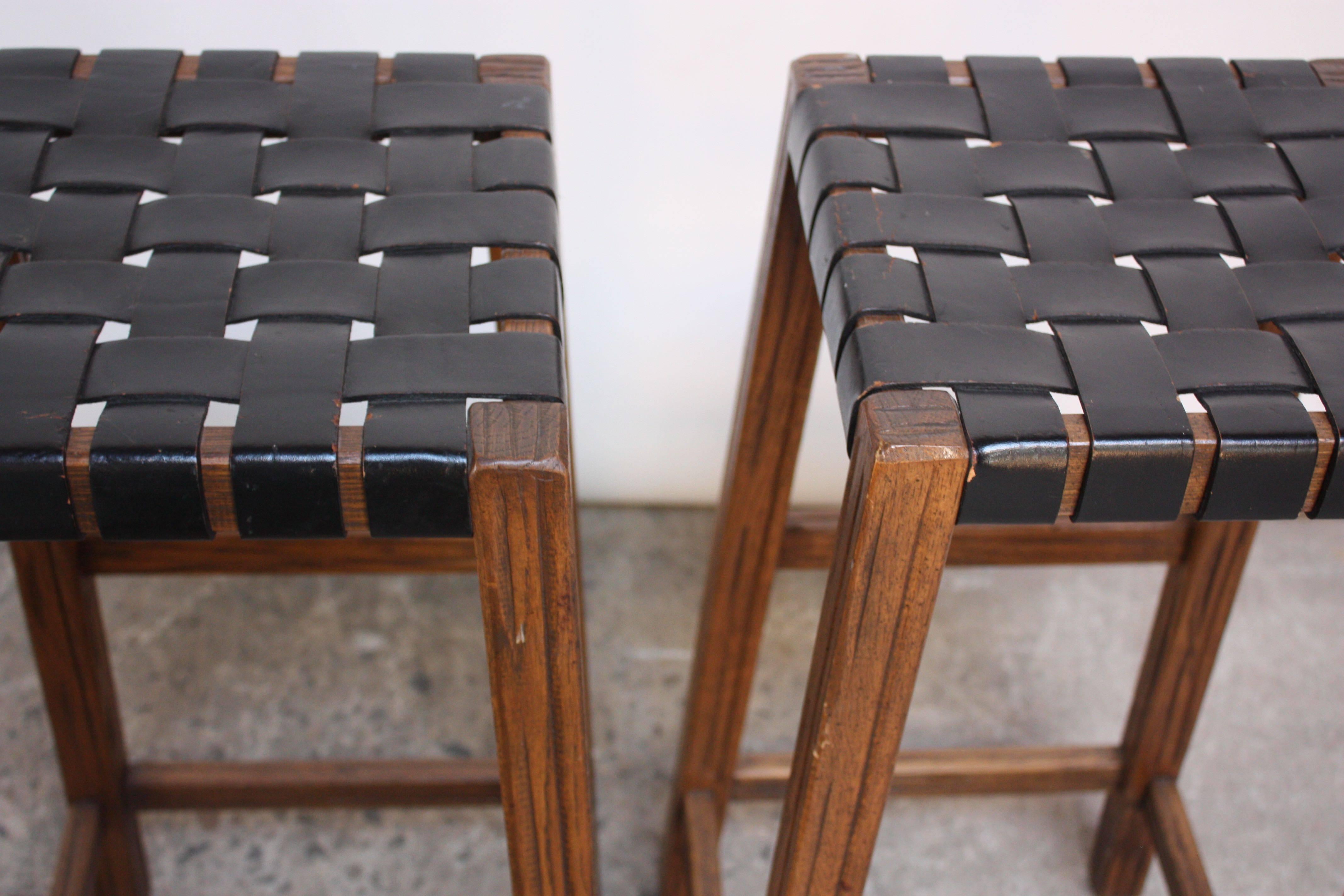 Pair of Stained Walnut Bar Stools with Original Leather Webbing 3