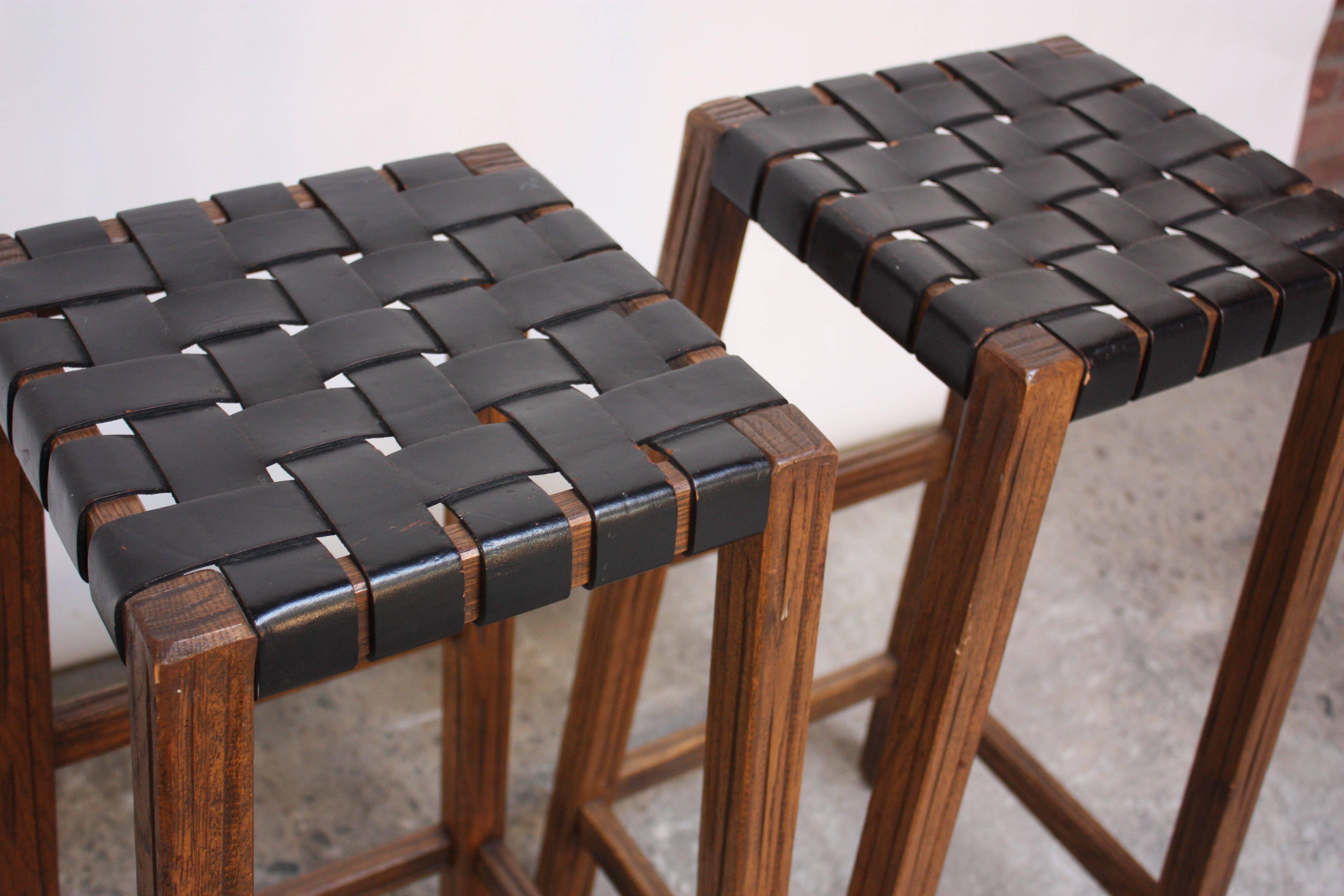 Pair of Stained Walnut Bar Stools with Original Leather Webbing 1