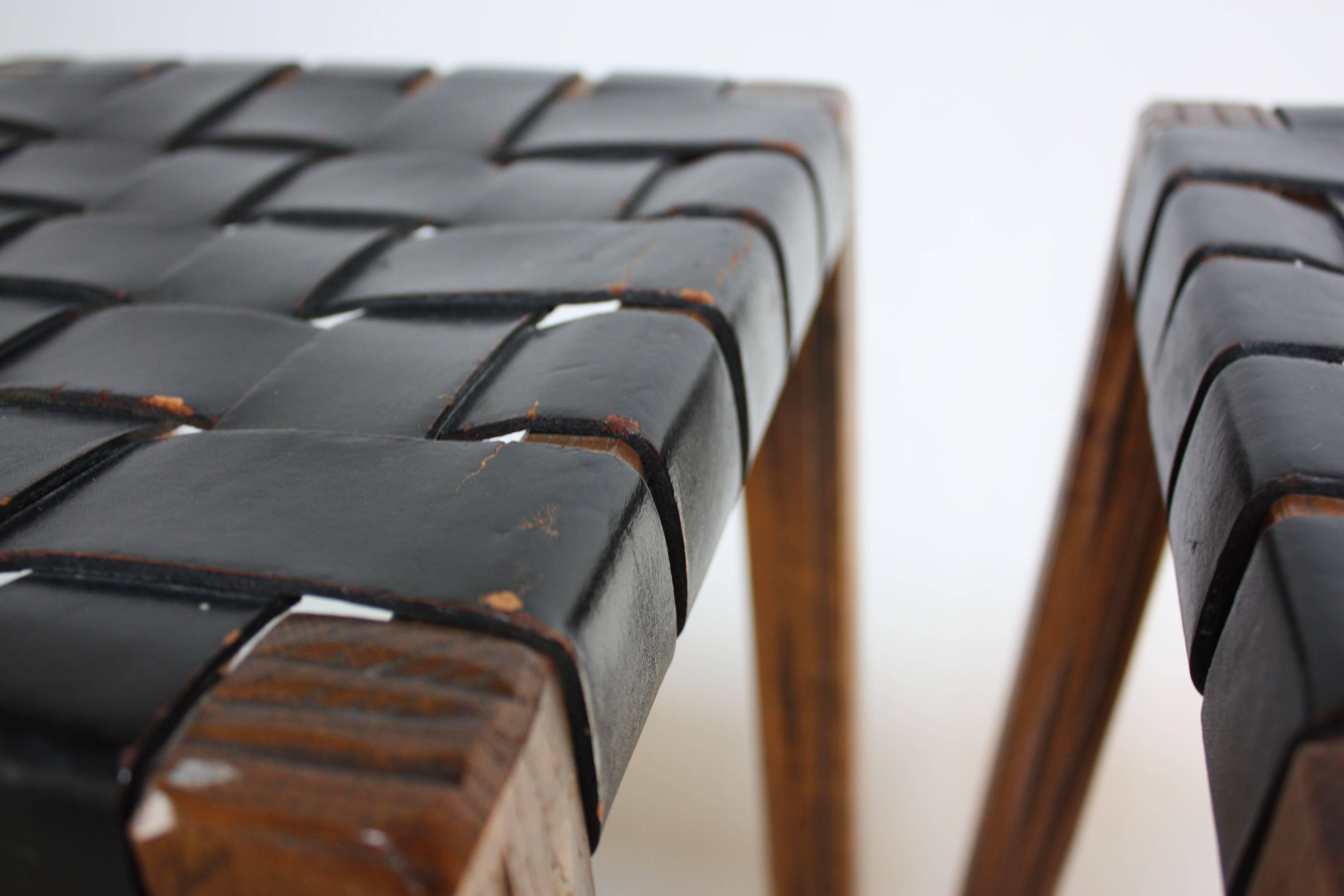 Pair of Stained Walnut Bar Stools with Original Leather Webbing 4