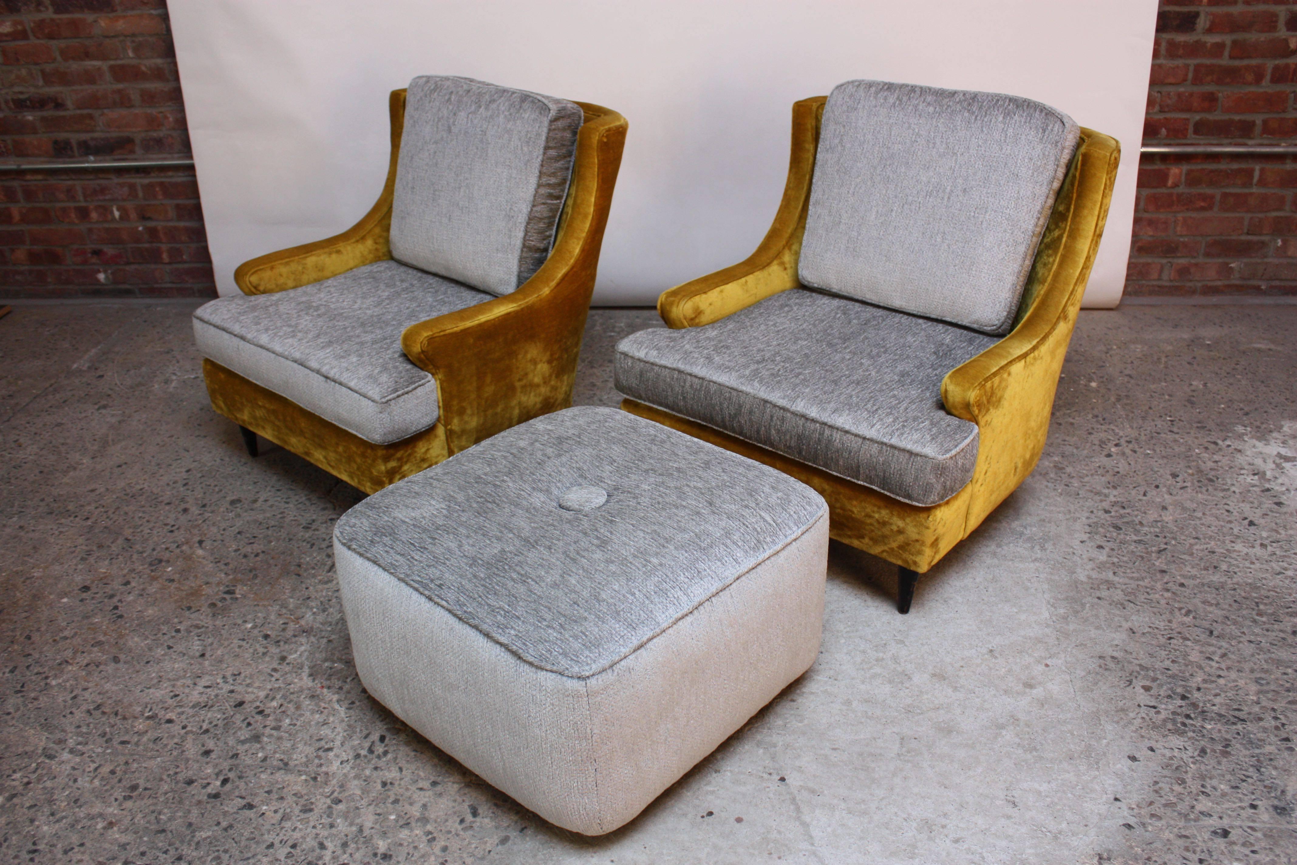 Pair of American Modern Lounge Chairs and Ottoman in Velvet and Chenille 5