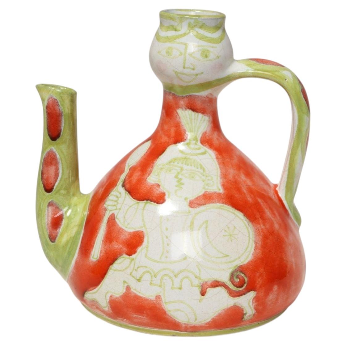 Vintage Italian Hand Painted Ceramic Figural Pitcher Vase by Giovanni de Simone For Sale