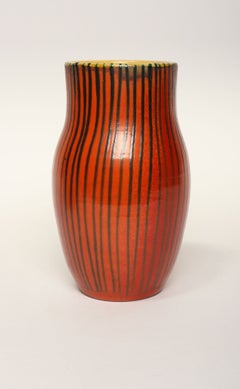 Vintage Swedish Modern Orange, Yellow, and Green Striped Ceramic Vase