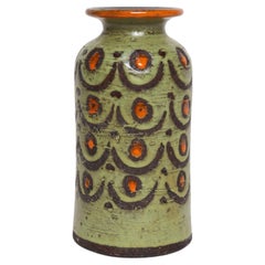 Vaso vintage in ceramica italiana con smalto verde, marrone e arancione e decorazioni incise, firmato Bitossi