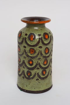 Vintage Italian Green, Brown and Orange Glaze Incised Ceramic Vase by Bitossi