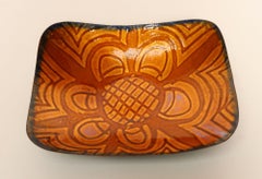 Vintage Italian Modernist Amber Enamel on Copper Curved Plate with Floral Motif