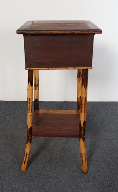 Antique Aesthestic Movement Stained Oak Sewing / Decorative Box on Bamboo Stand