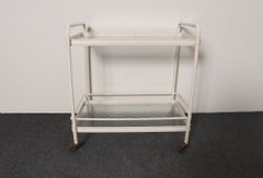 Vintage Tamiami Two Tier Glass and White Enamel Metal Bar Cart by Brown Jordan