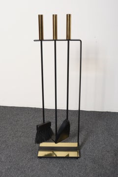 Vintage Modernist Iron and Brass Fireplace Tool Set with Brush, Shovel and Poker
