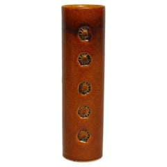 Vintage Studio Pottery Sunburst and Botanical Motif Matte Amber Glazed Vase
