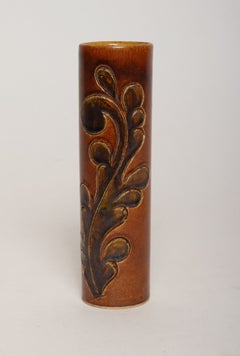 Vintage Studio Pottery Sunburst and Botanical Motif Matte Amber Glazed Vase